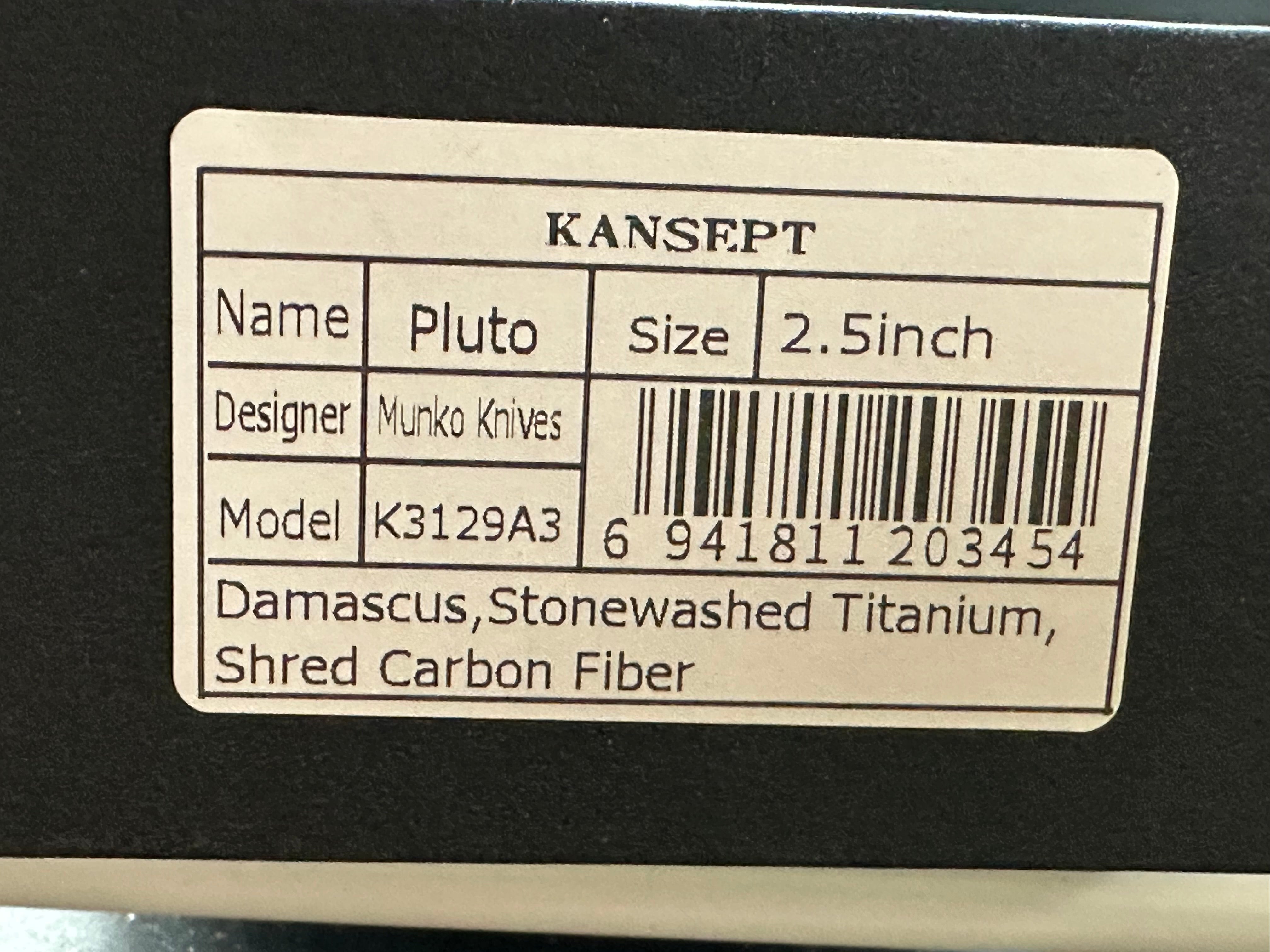KANSEPT PLUTO FOLDING KNIFE STONEWASH TITANIUM/SHRED CARBON FIBER HANDLE DAMASCUS DROP POINT PLAIN EDGE