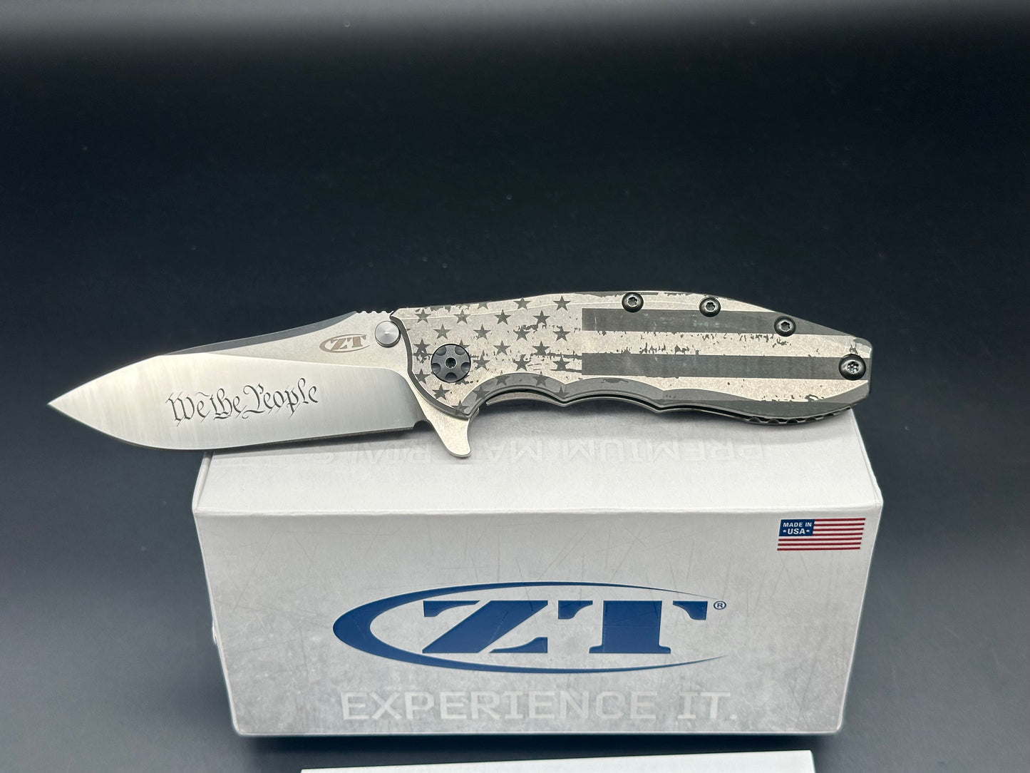 Zero Tolerance ZT0562ti Custom Ano Stars n Stripes (We the People) on the blade