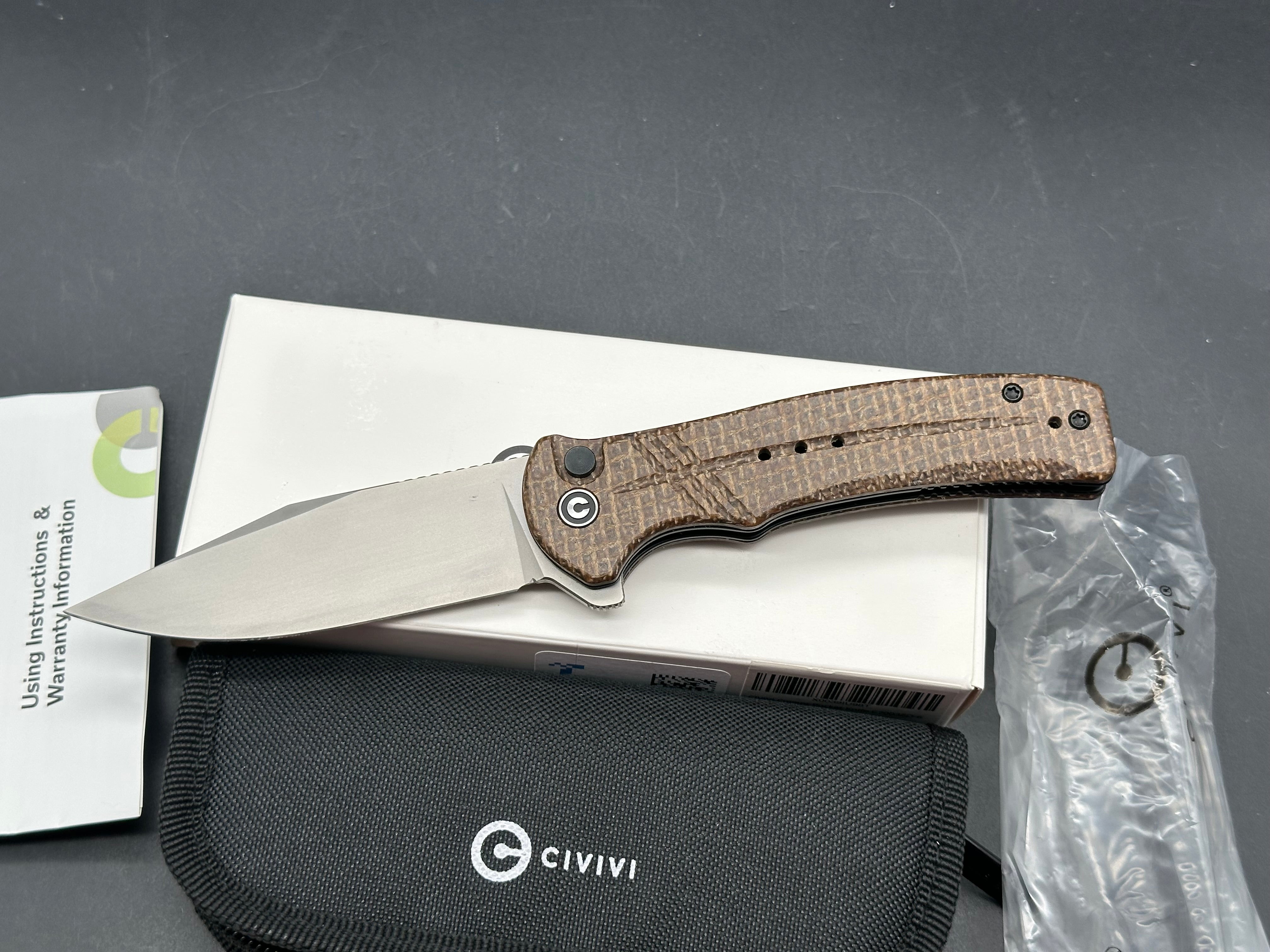 CIVIVI COGENT FOLDING KNIFE BROWN MICARTA HANDLE 14C28N CLIP POINT PLAIN EDGE SILVER BEAD BLAST FINISH