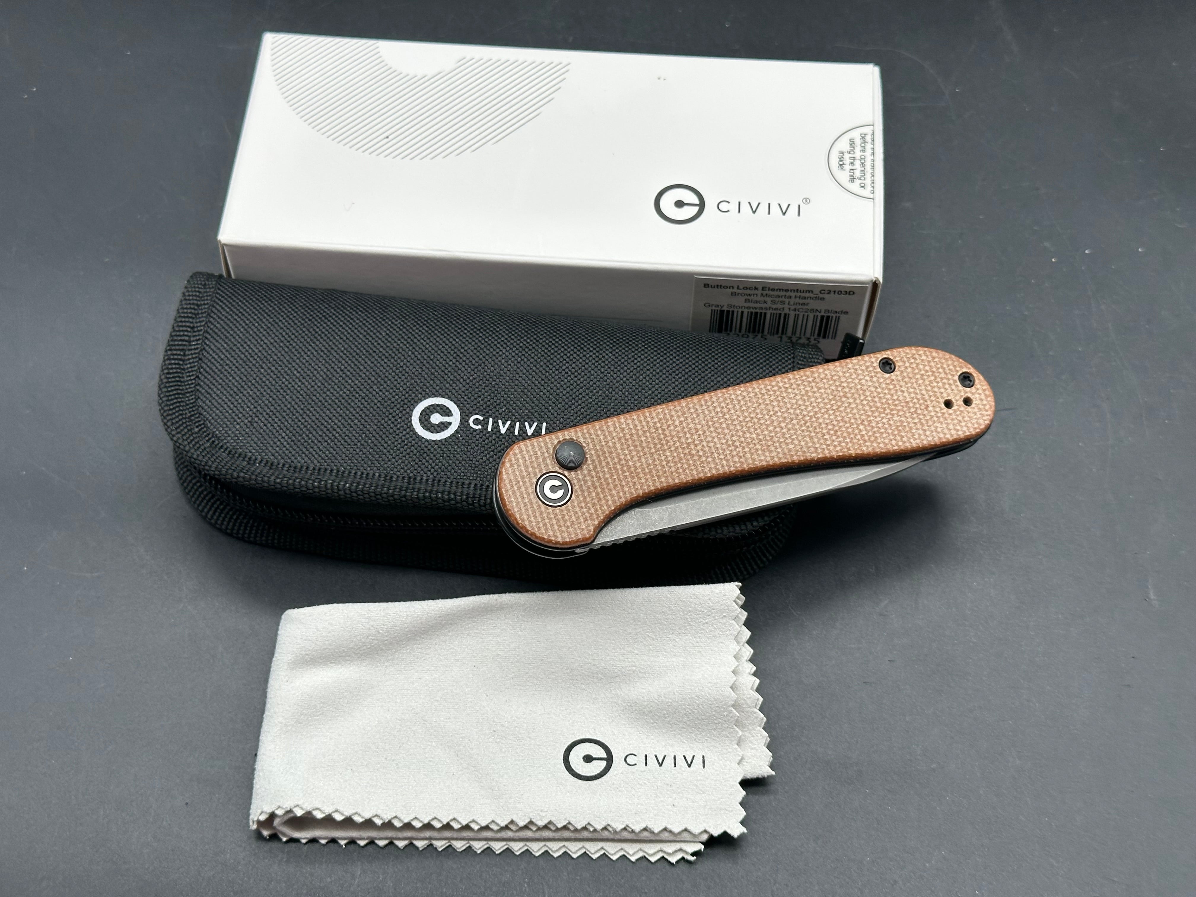 Civivi Elementum button lock brown micarta scales 14c28n blade