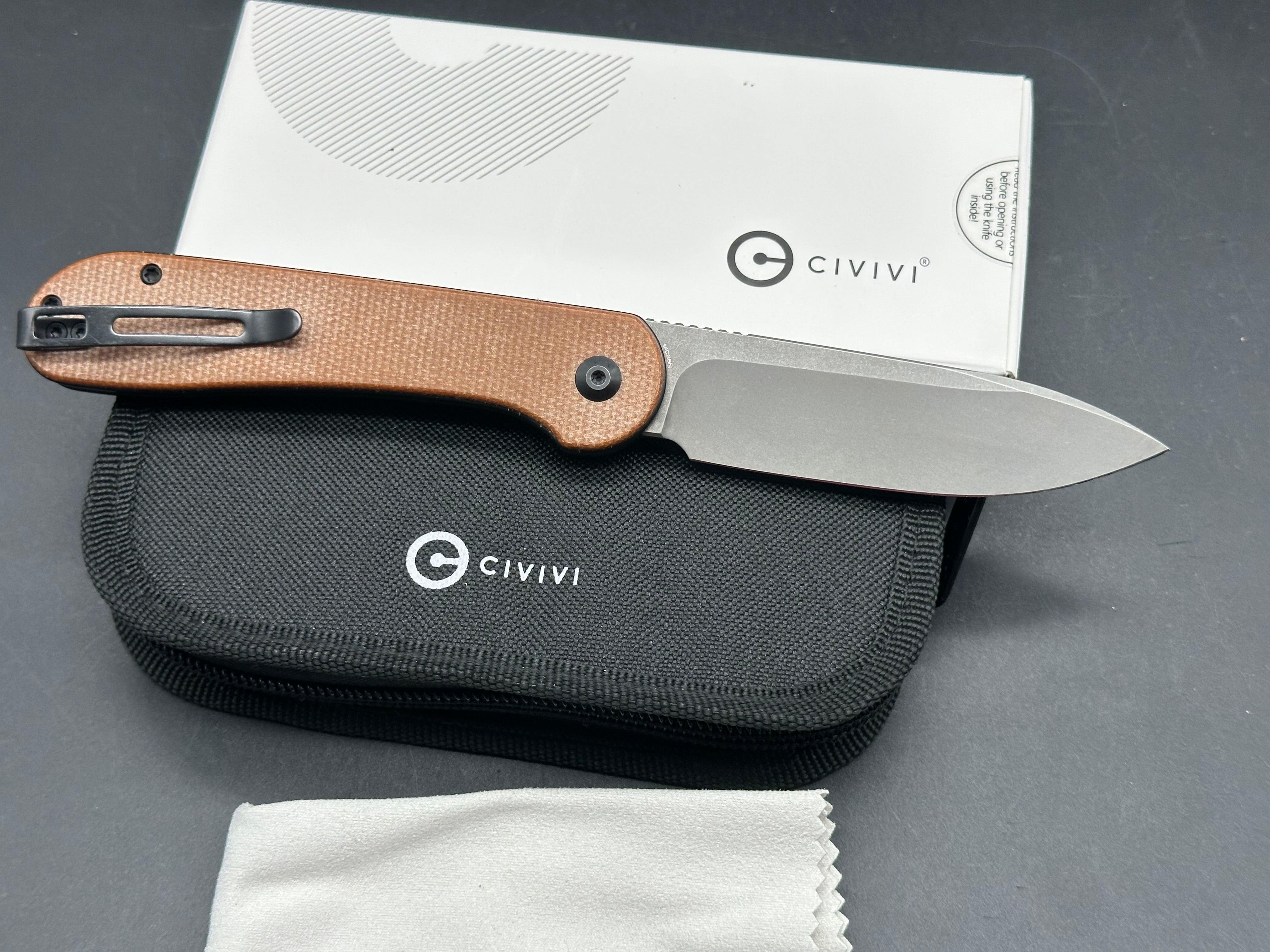 Civivi Elementum button lock brown micarta scales 14c28n blade