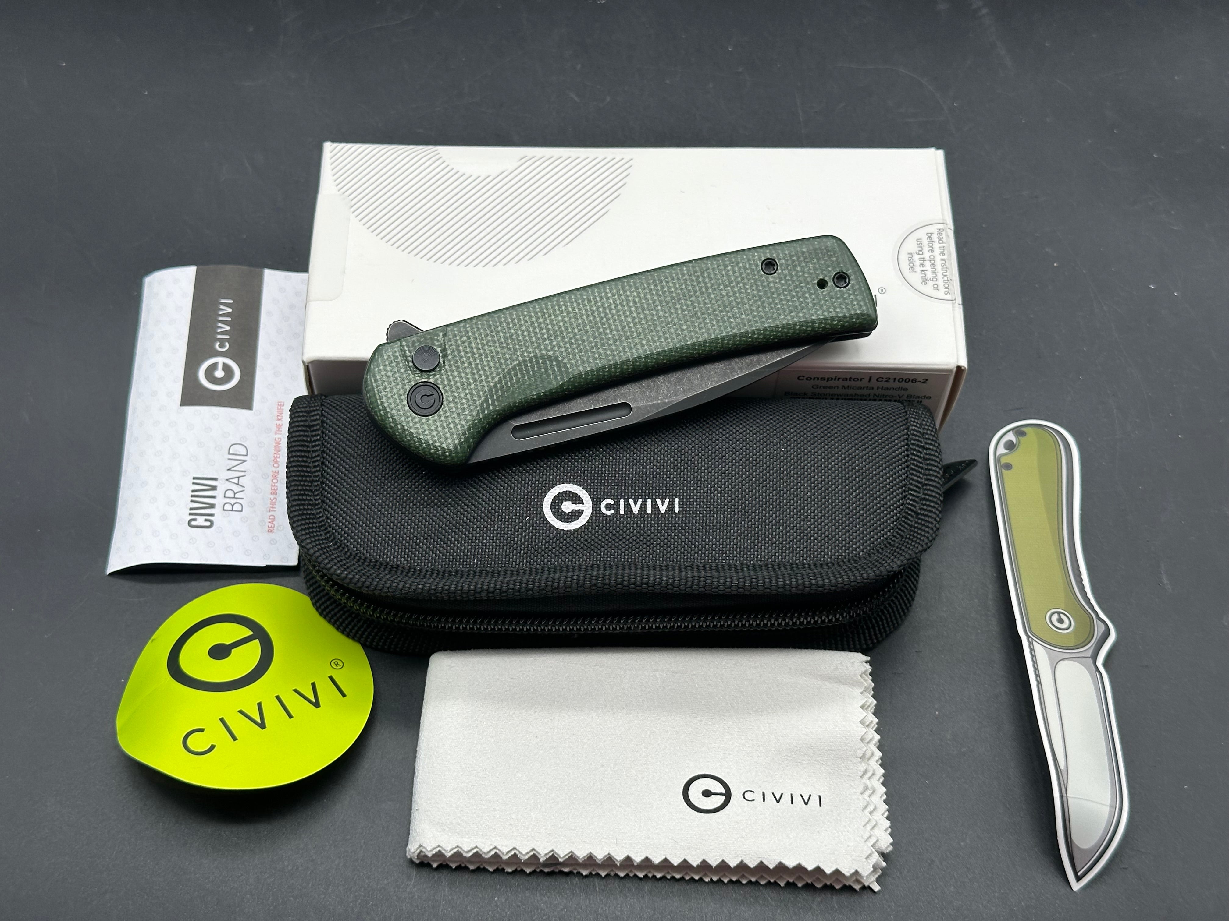 CIVIVI CONSPIRATOR FOLDING KNIFE GREEN MICARTA HANDLE NITRO-V PLAIN EDGE BLACK STONEWASH FINISH