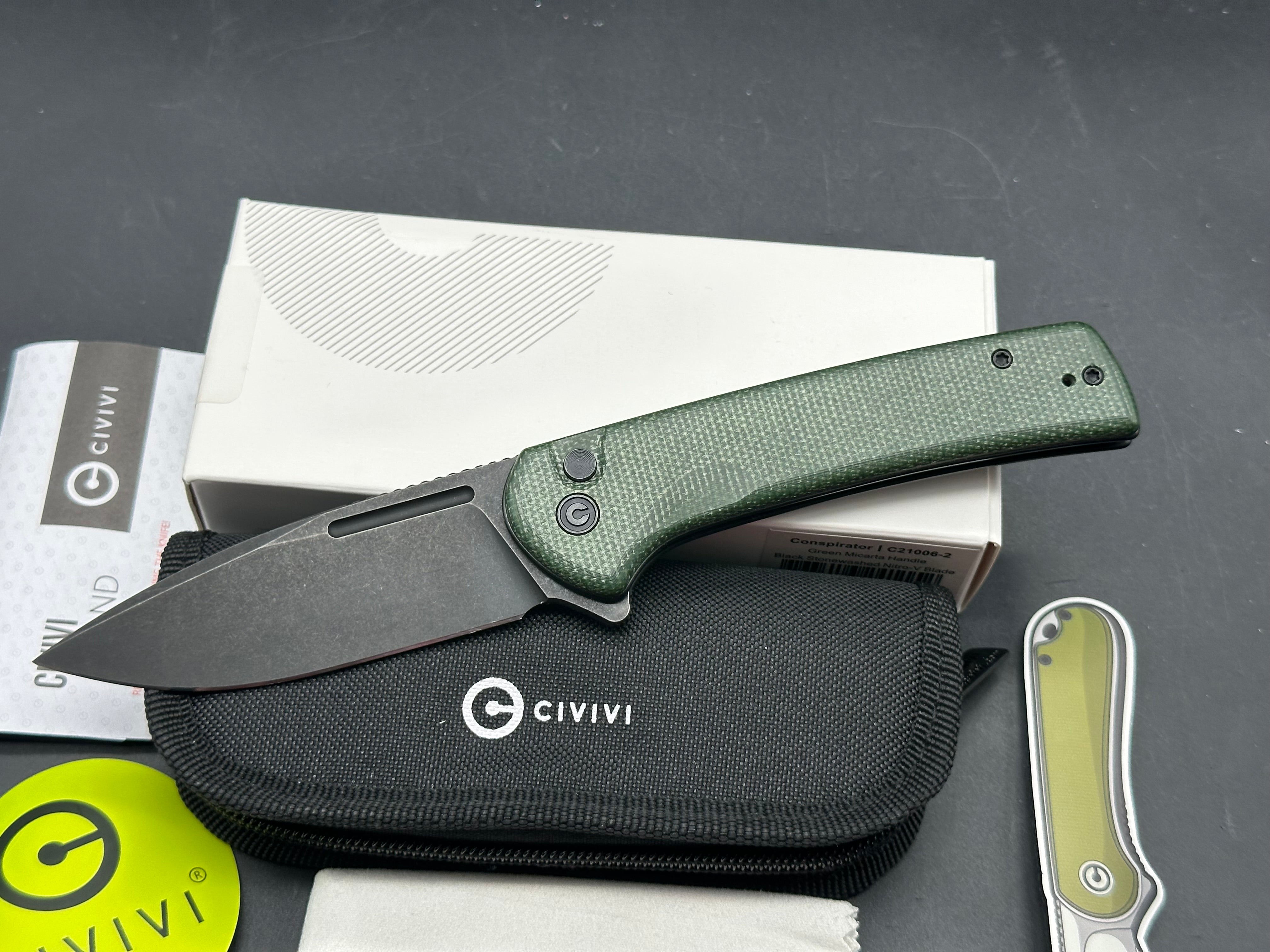 CIVIVI CONSPIRATOR FOLDING KNIFE GREEN MICARTA HANDLE NITRO-V PLAIN EDGE BLACK STONEWASH FINISH