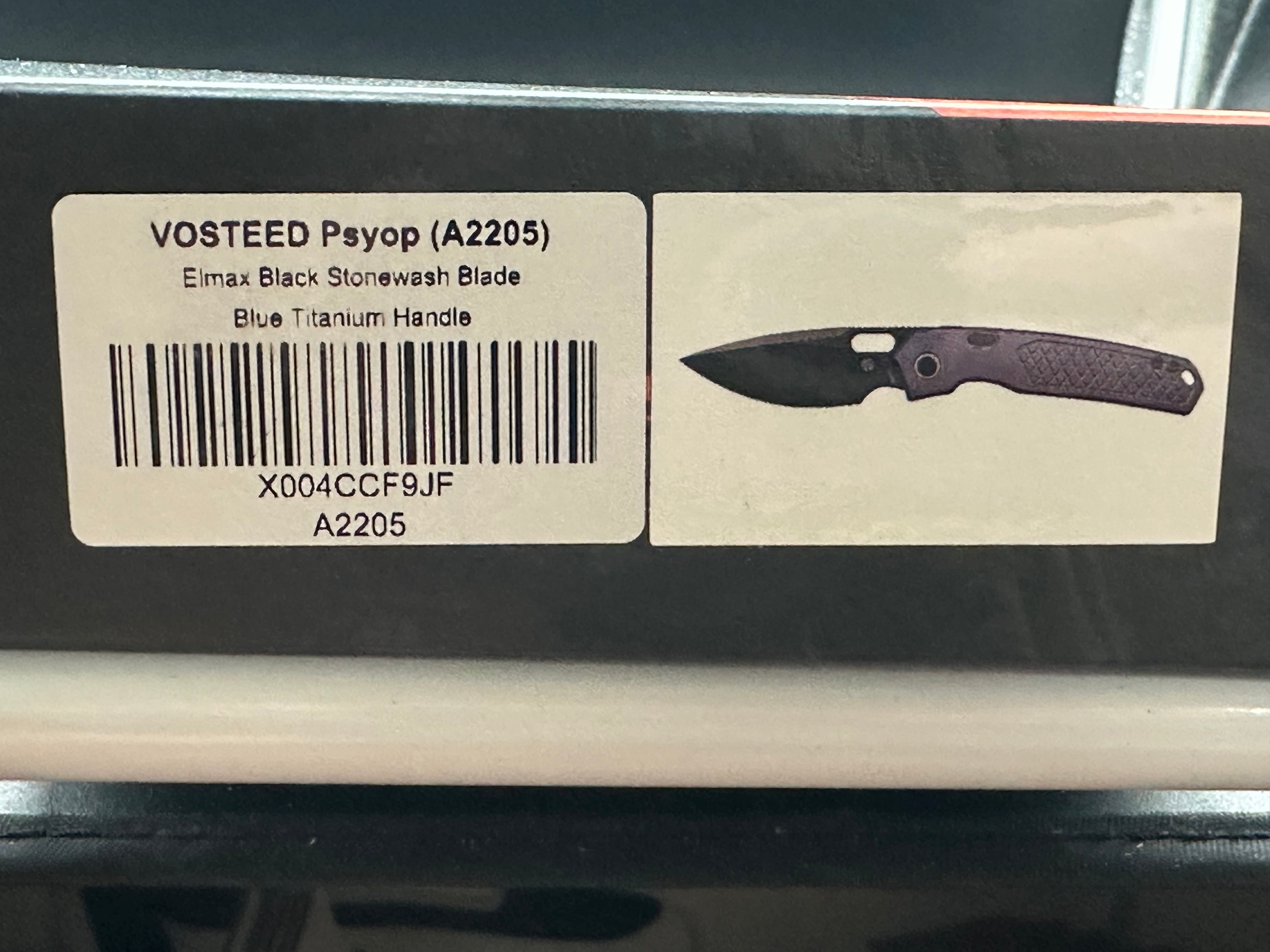 Vosteed Psyop Folding Knife Blue Titanium Handle Elmax Drop Point Plain Edge Black Stonewash Finish