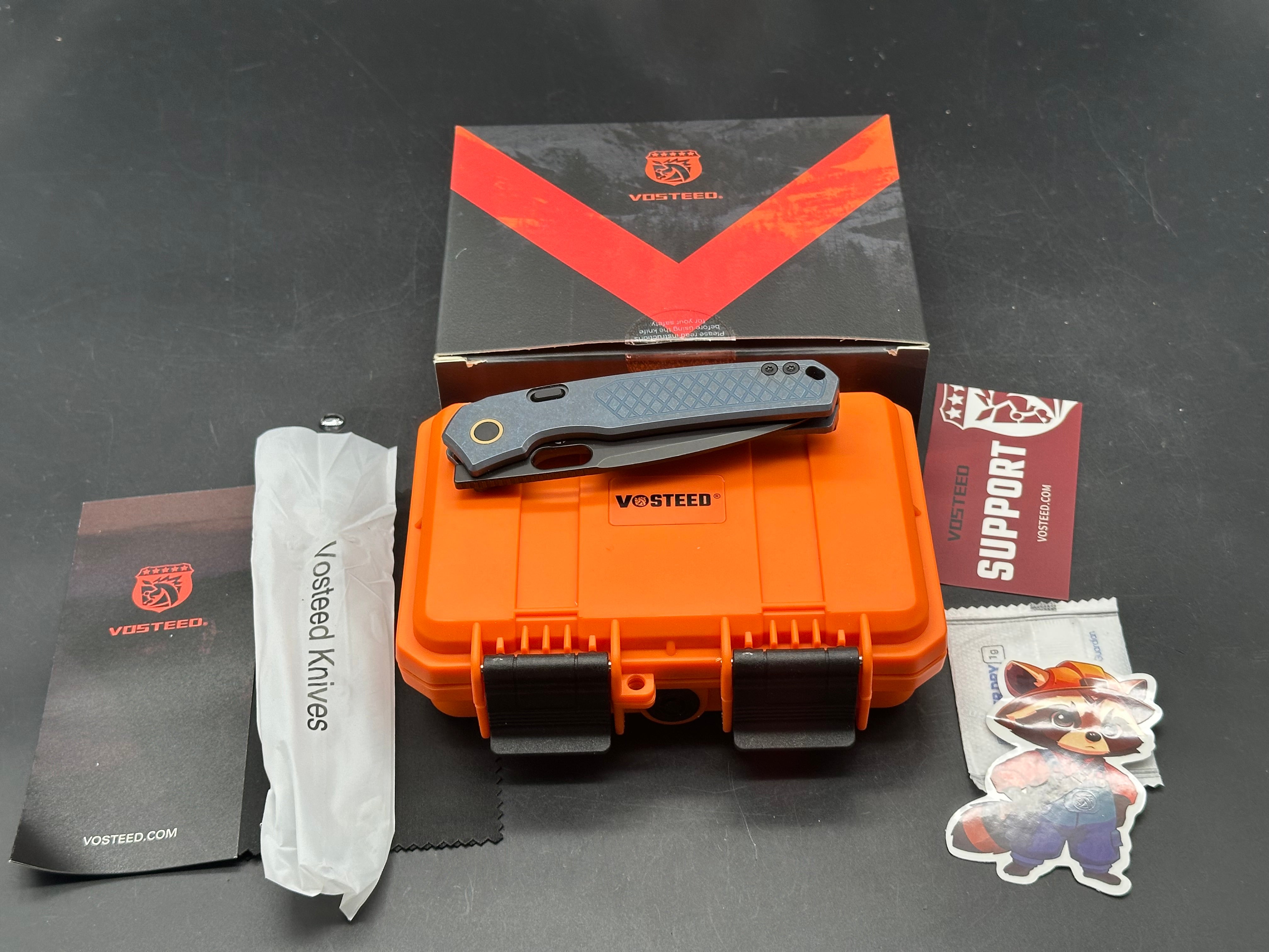 Vosteed Psyop Folding Knife Blue Titanium Handle Elmax Drop Point Plain Edge Black Stonewash Finish