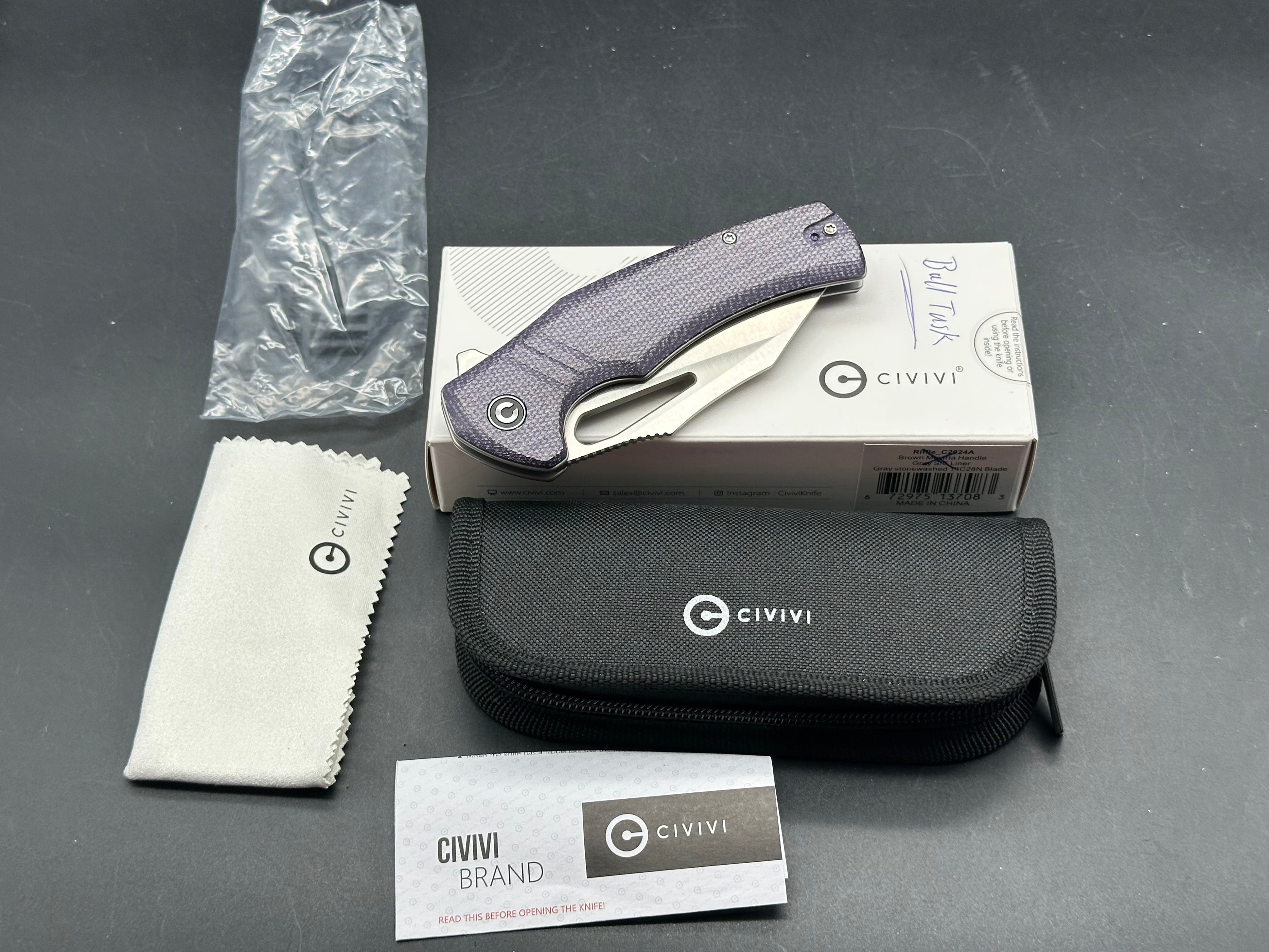 CIVIVI BULLTUSK FOLDING KNIFE PURPLE CANVAS MICARTA HANDLE 14C28N CLIP POINT PLAIN EDGE SATIN FINISH