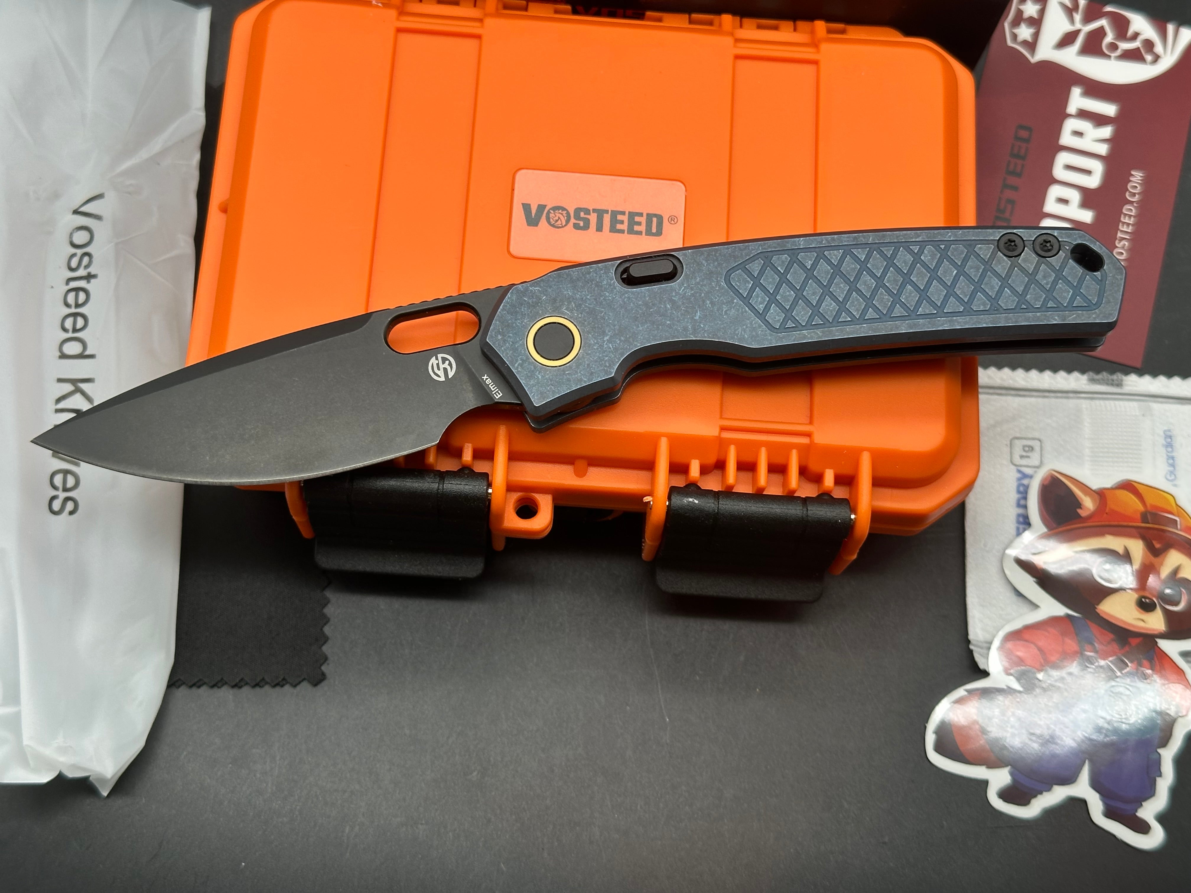 Vosteed Psyop Folding Knife Blue Titanium Handle Elmax Drop Point Plain Edge Black Stonewash Finish