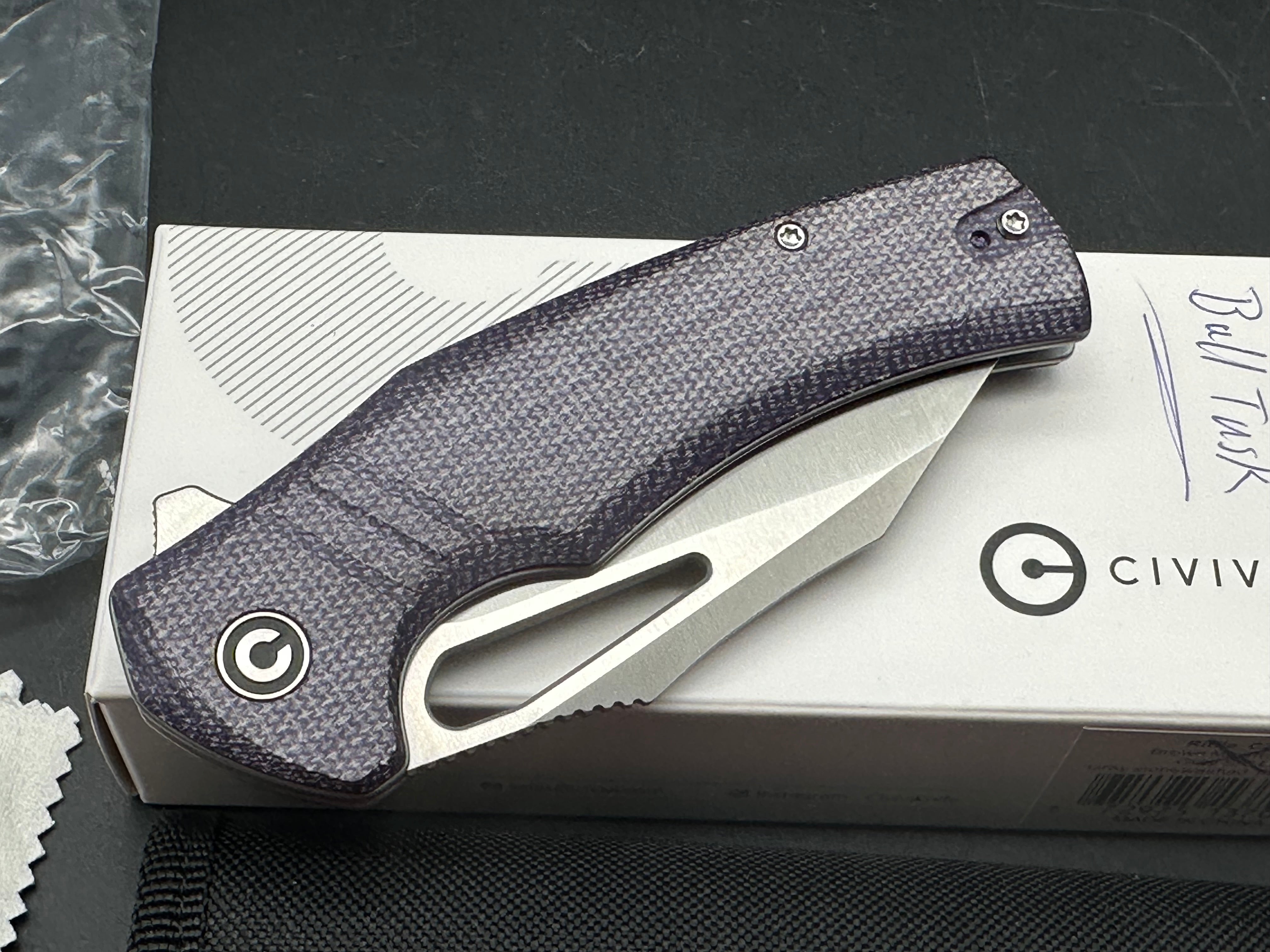 CIVIVI BULLTUSK FOLDING KNIFE PURPLE CANVAS MICARTA HANDLE 14C28N CLIP POINT PLAIN EDGE SATIN FINISH