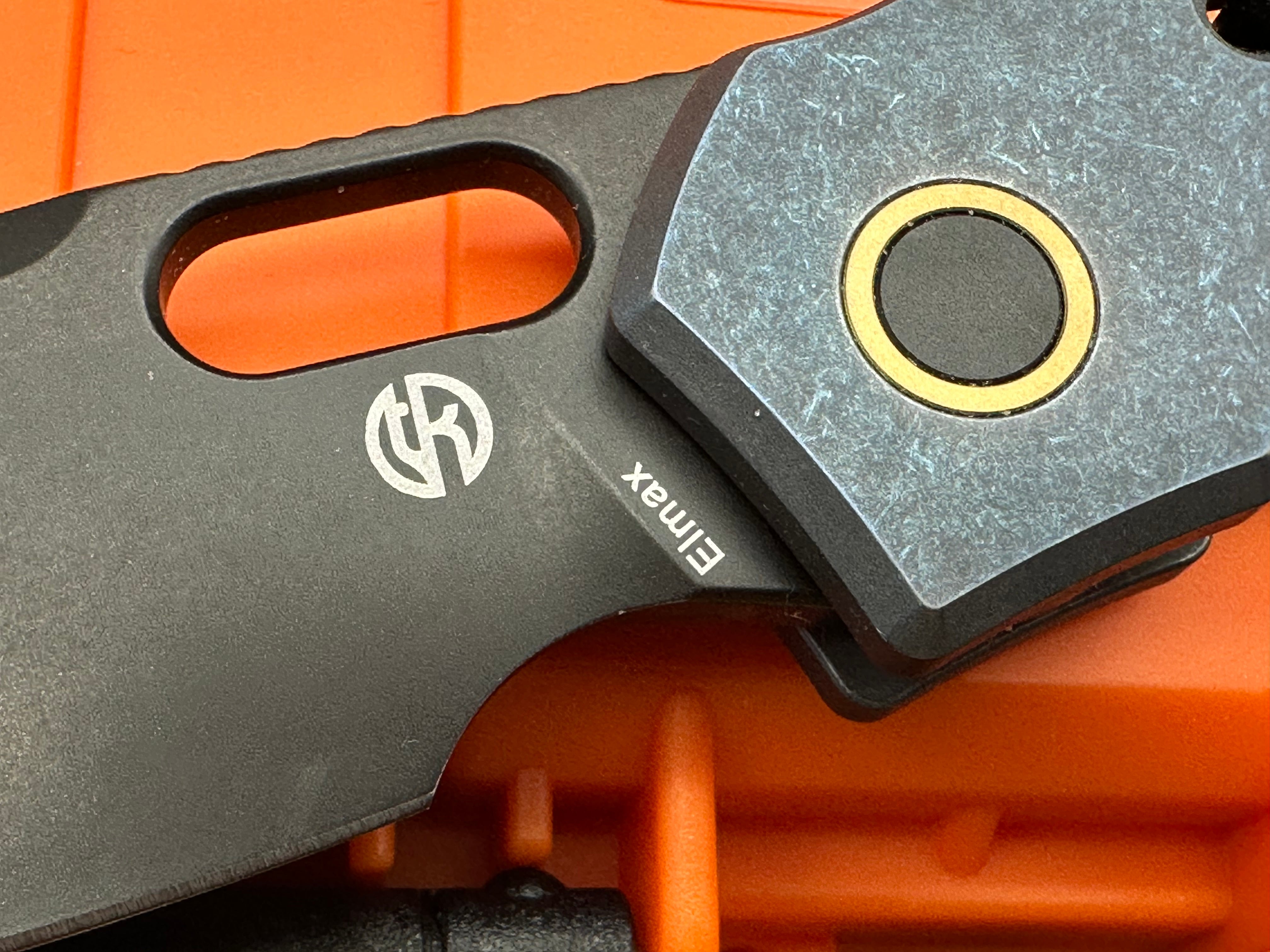 Vosteed Psyop Folding Knife Blue Titanium Handle Elmax Drop Point Plain Edge Black Stonewash Finish