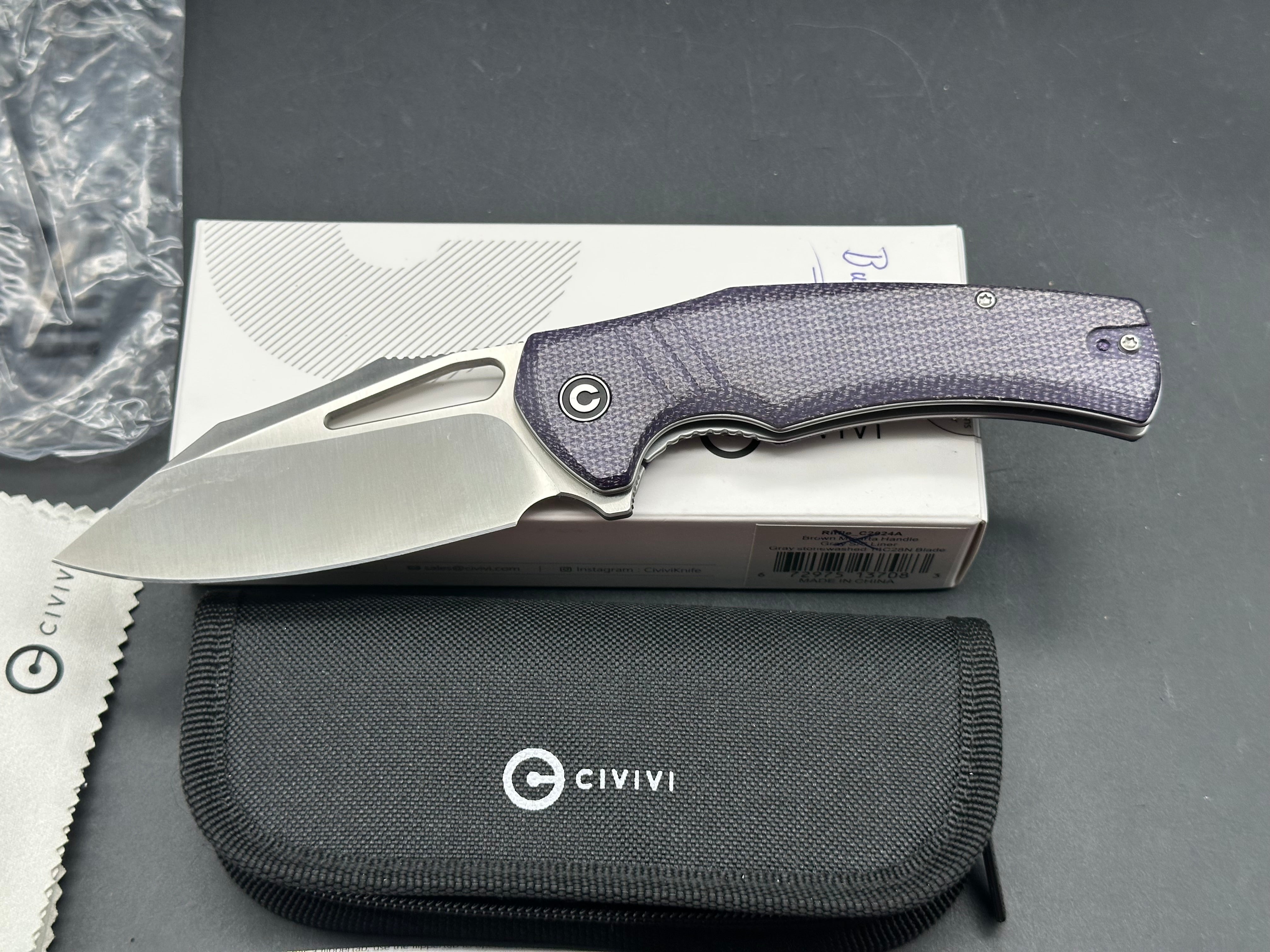 CIVIVI BULLTUSK FOLDING KNIFE PURPLE CANVAS MICARTA HANDLE 14C28N CLIP POINT PLAIN EDGE SATIN FINISH