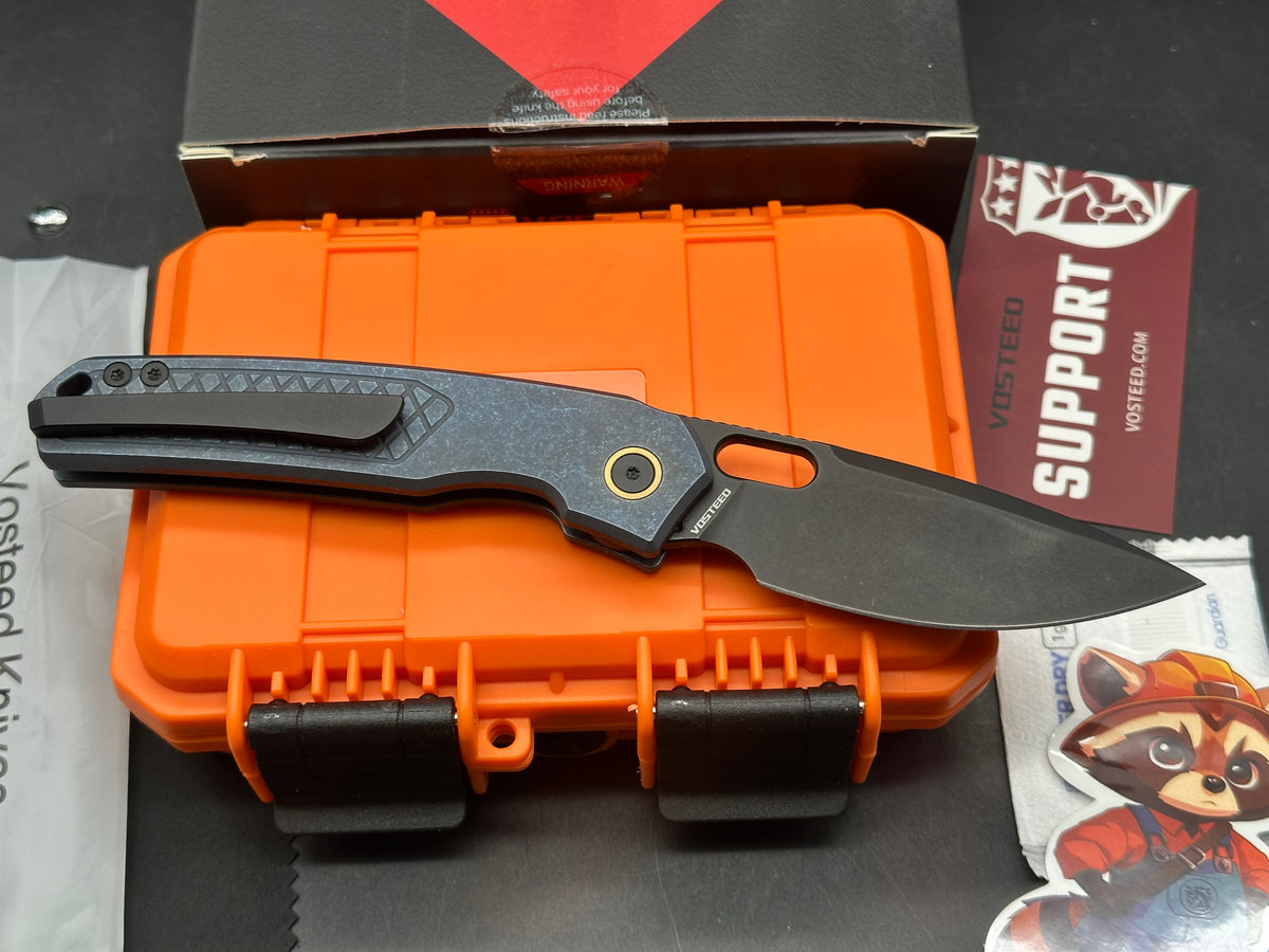 Vosteed Psyop Folding Knife Blue Titanium Handle Elmax Drop Point Plain Edge Black Stonewash Finish