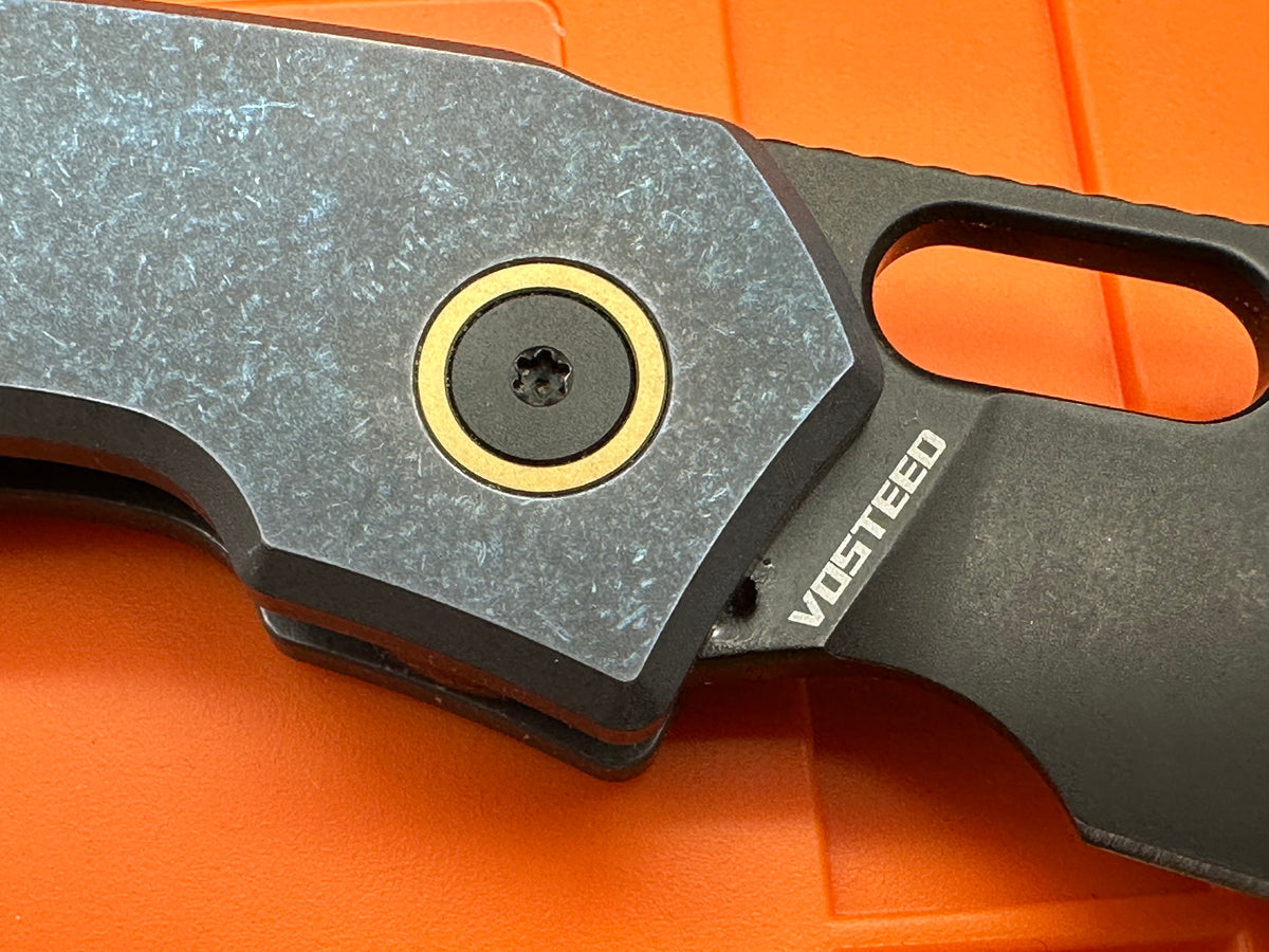 Vosteed Psyop Folding Knife Blue Titanium Handle Elmax Drop Point Plain Edge Black Stonewash Finish