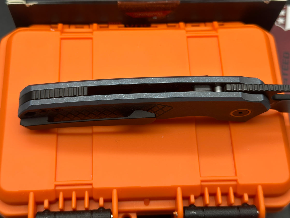 Vosteed Psyop Folding Knife Blue Titanium Handle Elmax Drop Point Plain Edge Black Stonewash Finish