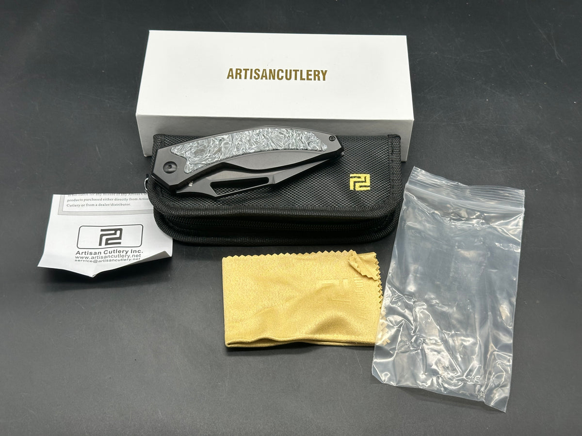 ARTISAN CUTLERY FRAGARACH FOLDING KNIFE DARK MATTER POLAR HANDLE S90V DROP POINT PLAIN BLACK PVD FINISH