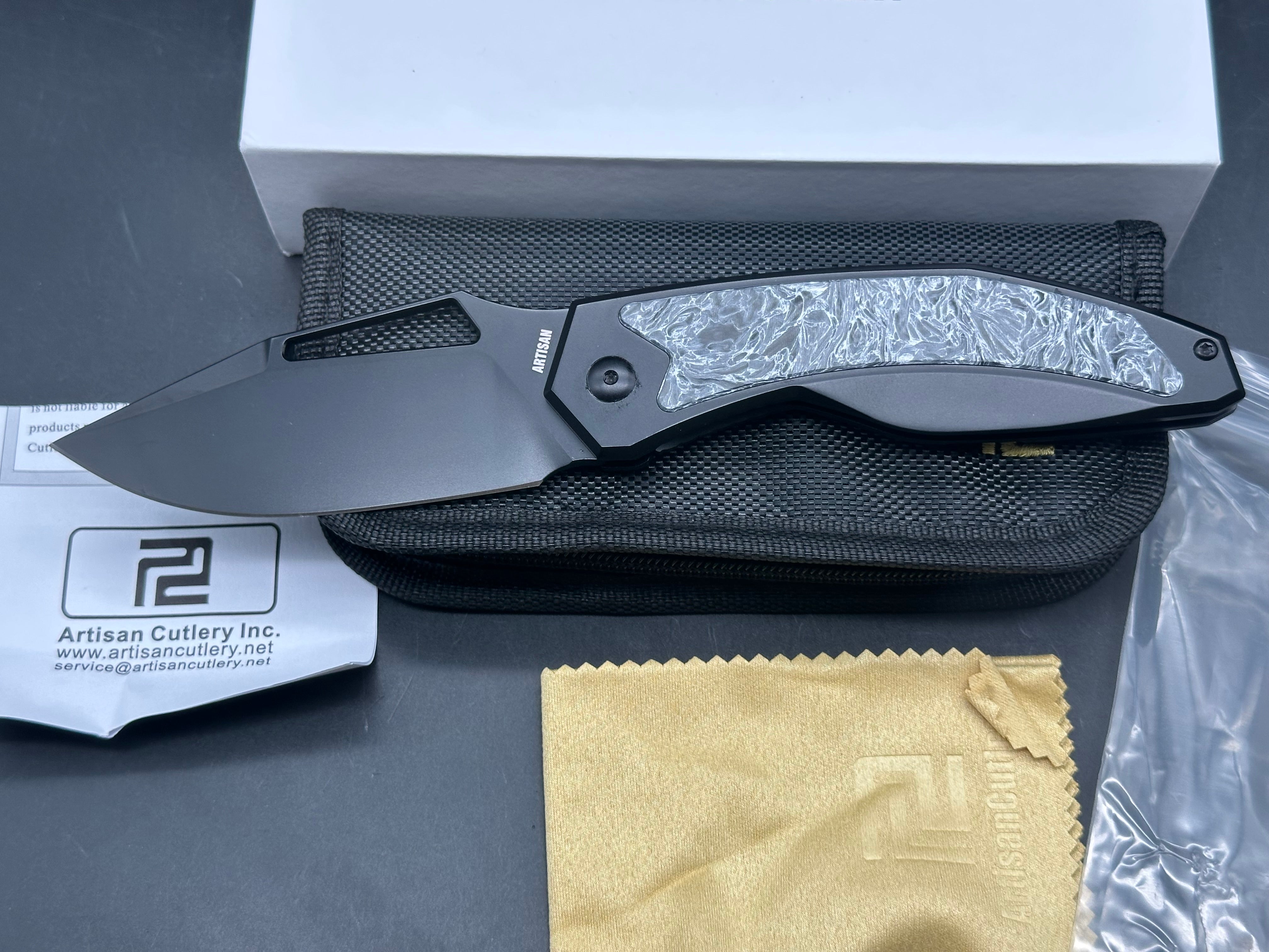 ARTISAN CUTLERY FRAGARACH FOLDING KNIFE DARK MATTER POLAR HANDLE S90V DROP POINT PLAIN BLACK PVD FINISH