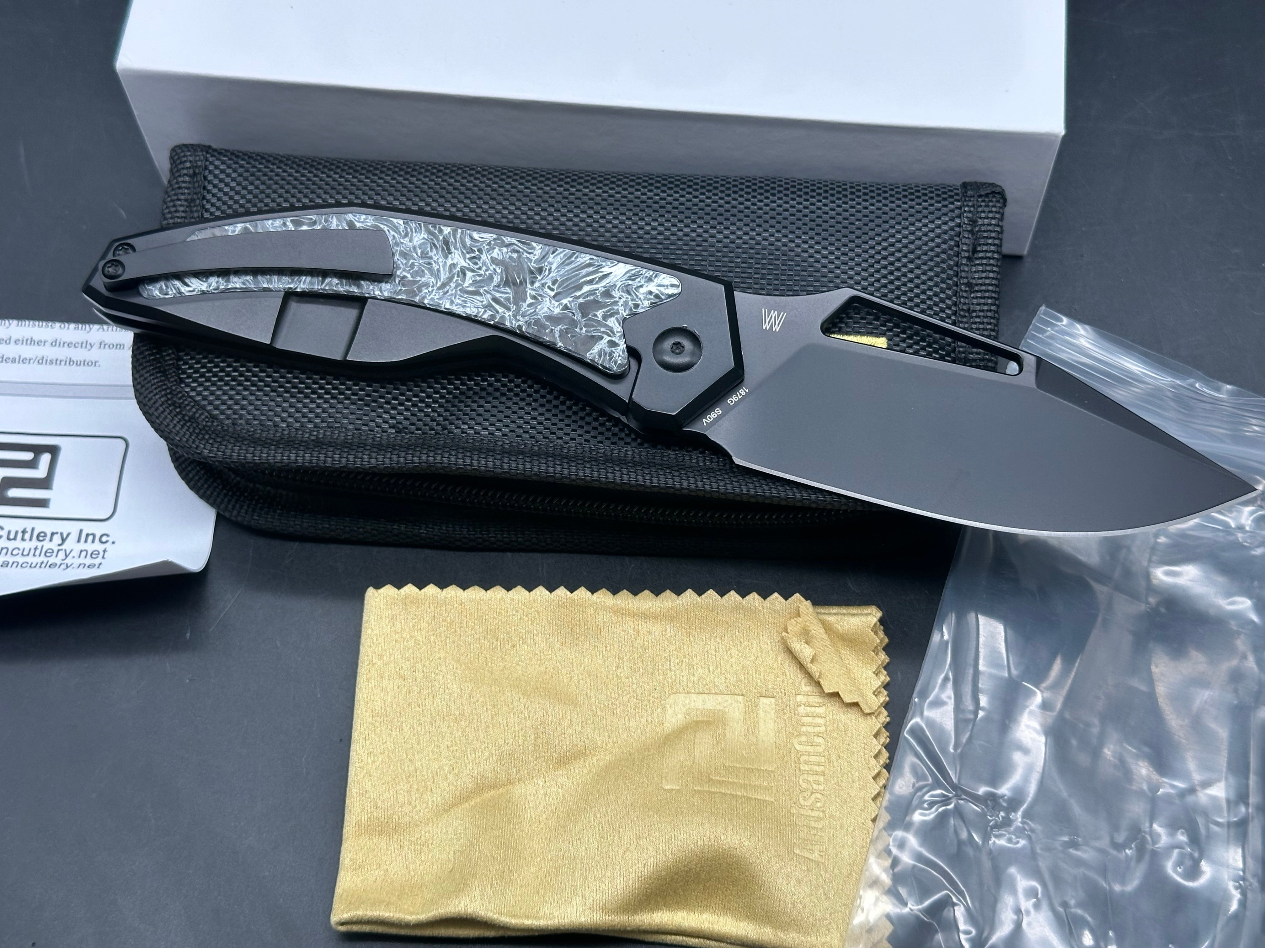 ARTISAN CUTLERY FRAGARACH FOLDING KNIFE DARK MATTER POLAR HANDLE S90V DROP POINT PLAIN BLACK PVD FINISH