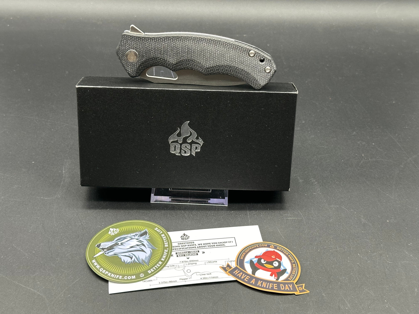 QSP GORILLA LINER LOCK FOLDING KNIFE BLACK MICARTA HANDLE 14C28N PLAIN EDGE STONEWASH