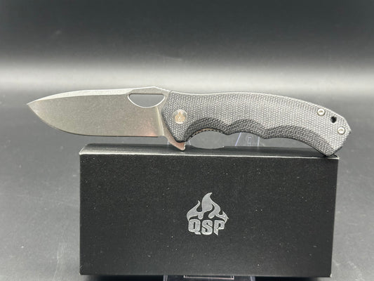 QSP GORILLA LINER LOCK FOLDING KNIFE BLACK MICARTA HANDLE 14C28N PLAIN EDGE STONEWASH