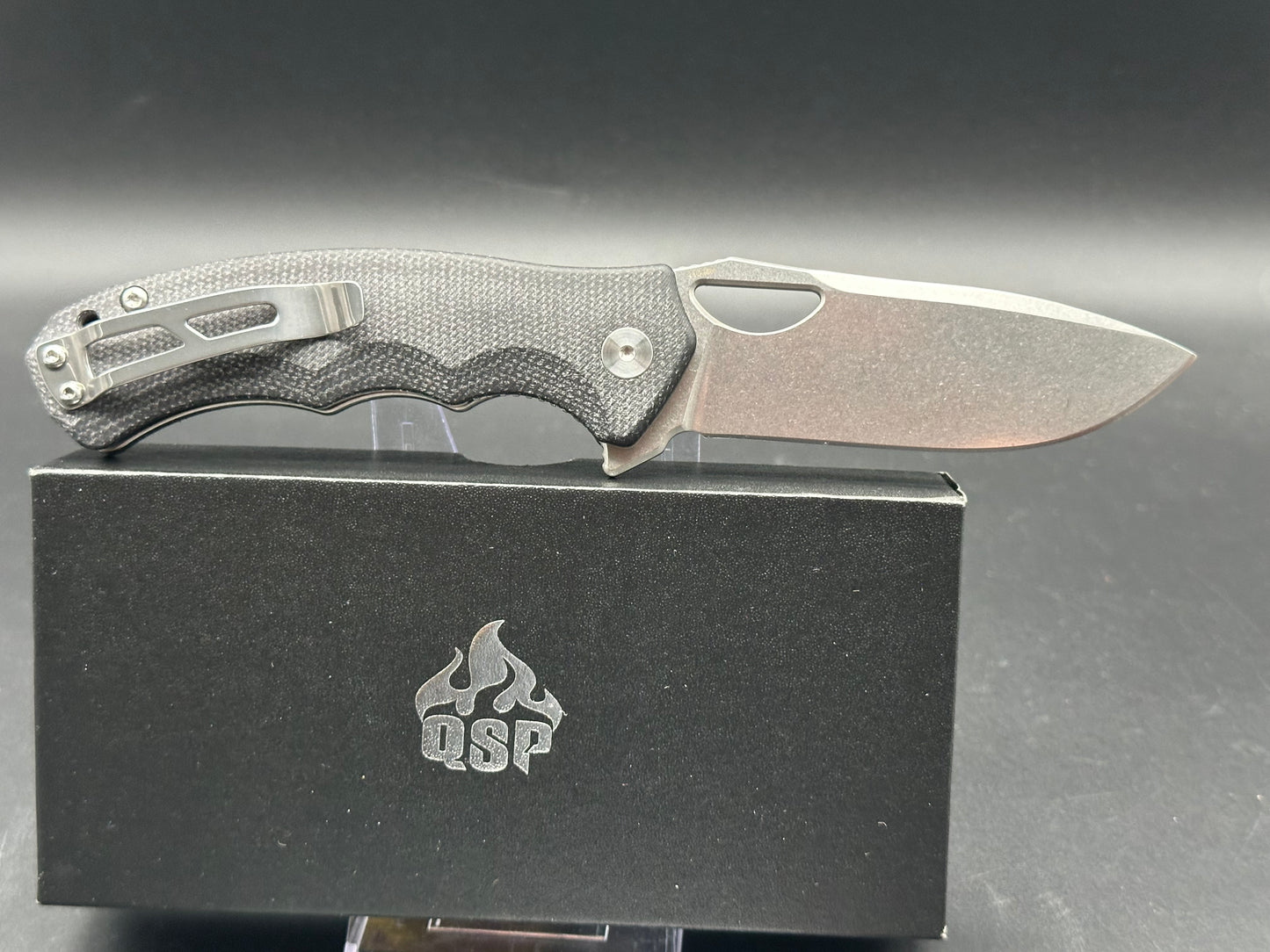 QSP GORILLA LINER LOCK FOLDING KNIFE BLACK MICARTA HANDLE 14C28N PLAIN EDGE STONEWASH