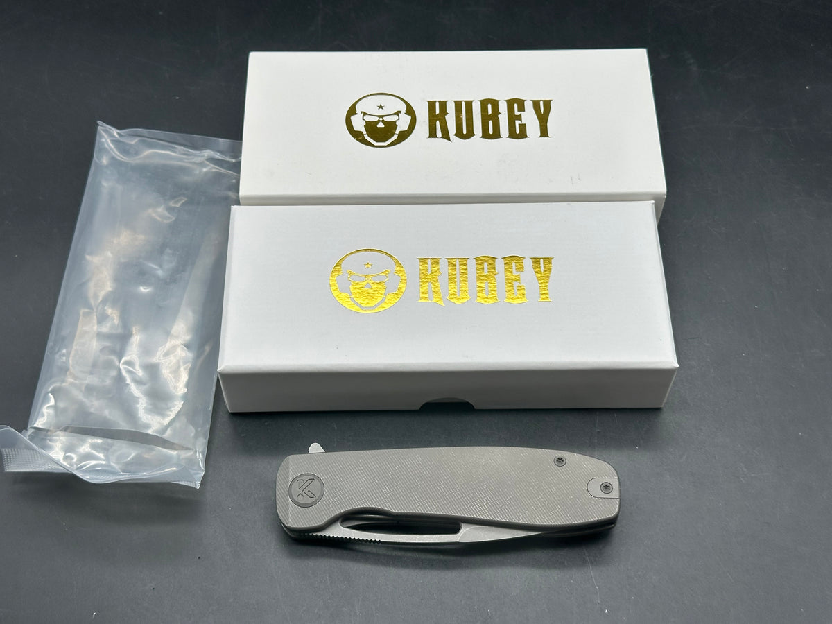 Kubey Supercell Folding Knife Darkblast Titanium Handle 14C28N Plain Edge Darkblast 7.99 inches overall
