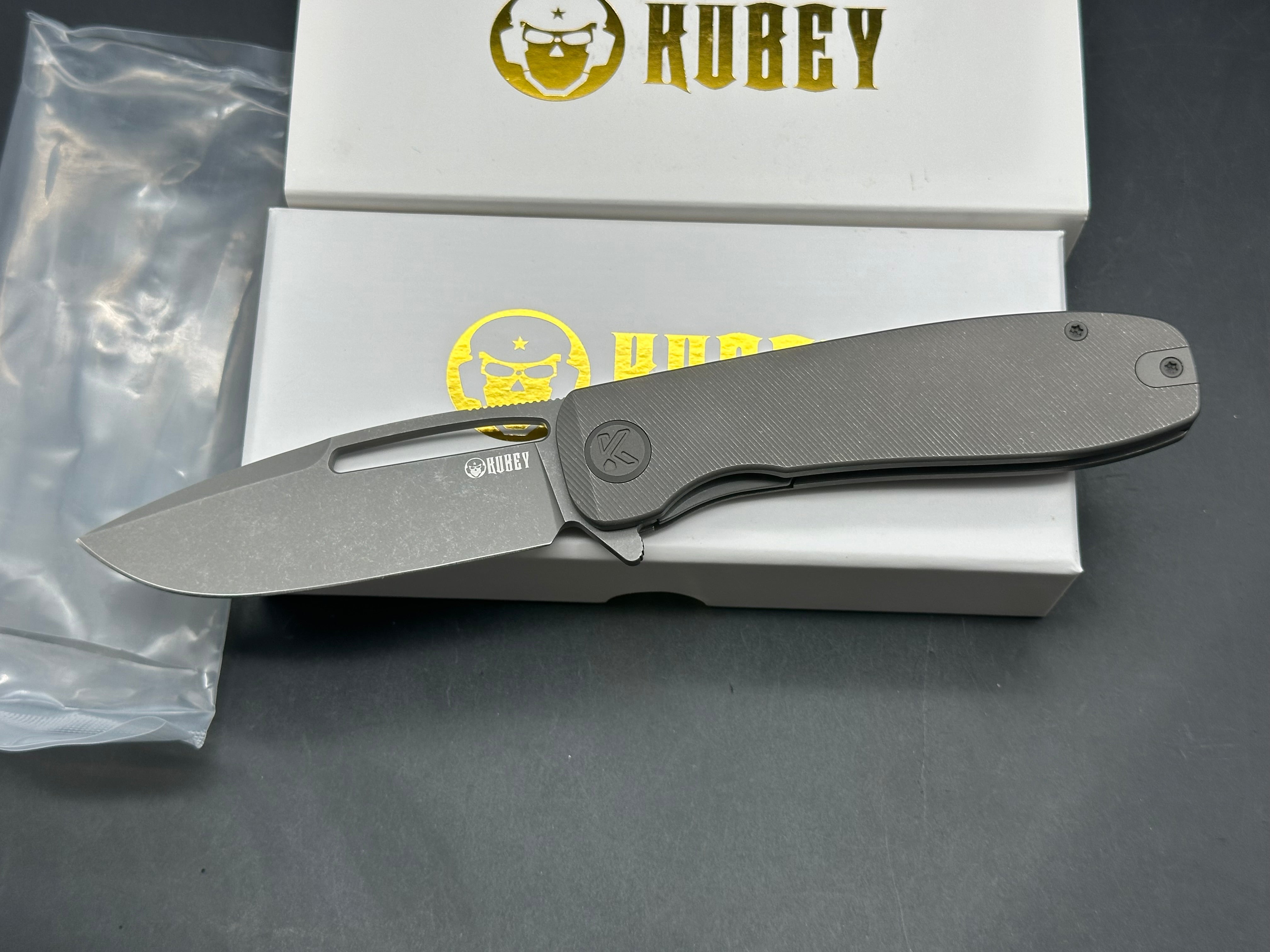Kubey Supercell Folding Knife Darkblast Titanium Handle 14C28N Plain Edge Darkblast 7.99 inches overall