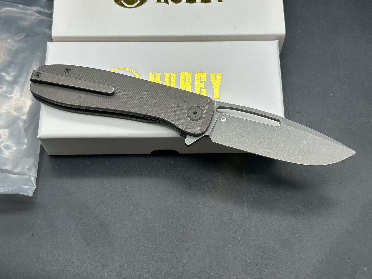 Kubey Supercell Folding Knife Darkblast Titanium Handle 14C28N Plain Edge Darkblast 7.99 inches overall