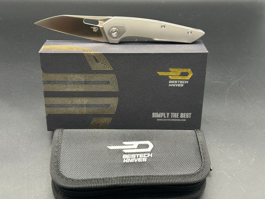 BESTECH VK-VOID FOLDING KNIFE WHITE BEAD BLAST /STONEWASH TITANIUM HANDLE ELMAX PLAIN EDGE SATIN FINISH BT2305A