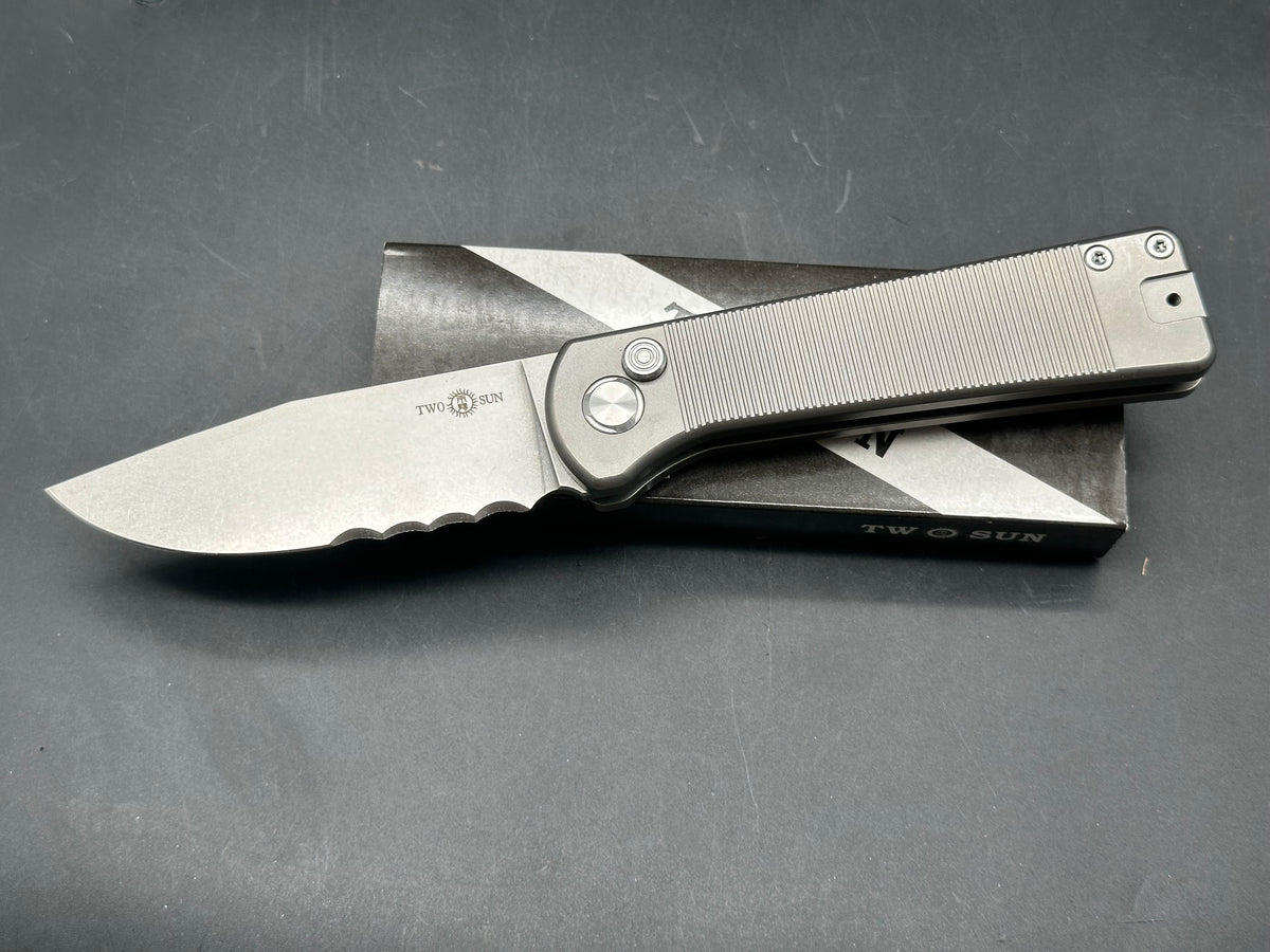 TwoSun Button Lock Pocket Knife Titanium Handle D2 Partially Serrated Edge TS358-SER (8.27 inches overall)