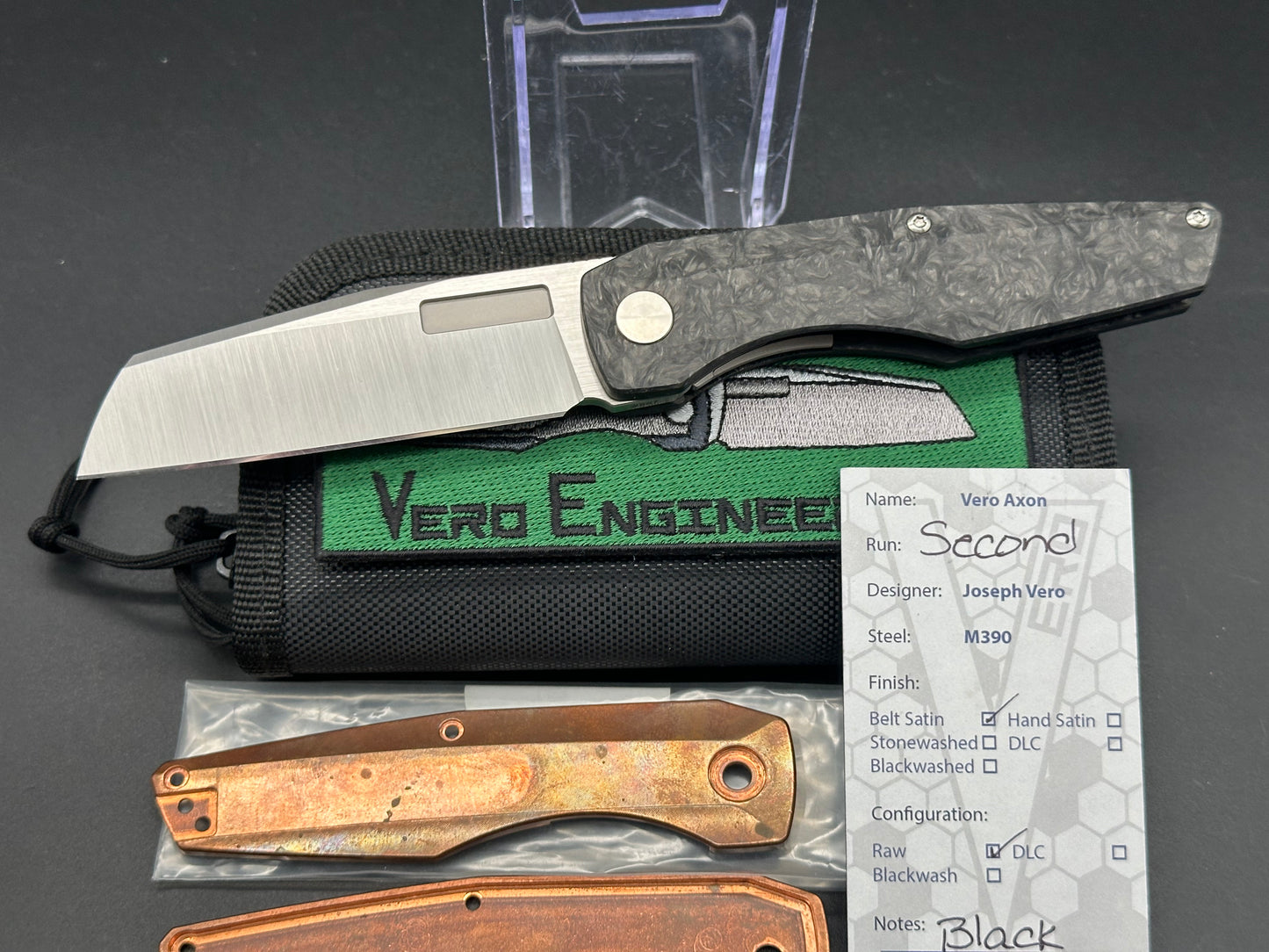 Vero Axon belt satin, carbon fiber scales, and extra cooper scales