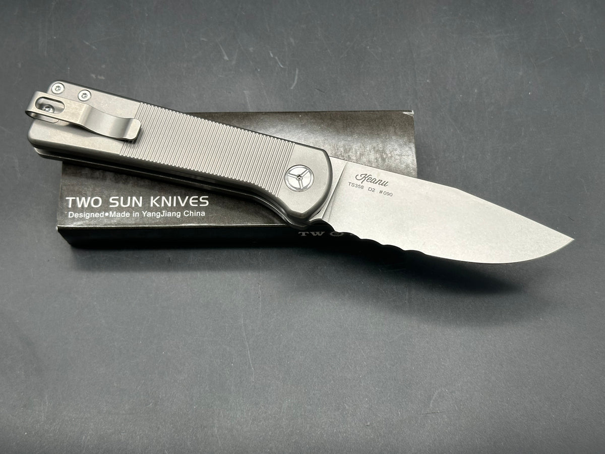 TwoSun Button Lock Pocket Knife Titanium Handle D2 Partially Serrated Edge TS358-SER (8.27 inches overall)