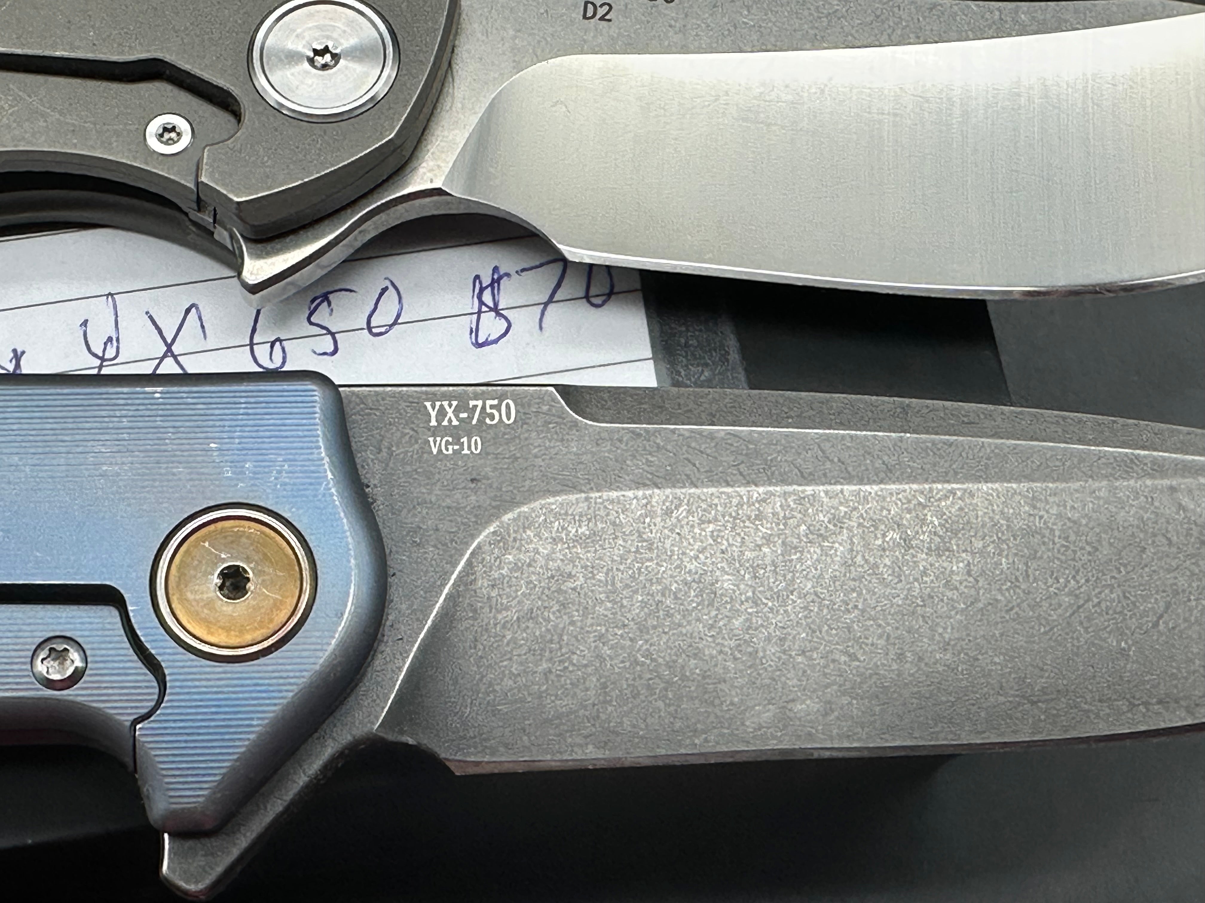 2 knife deal YX 750 titanium handle, VG10 blade and YX 650 titanium handle, D2 blade