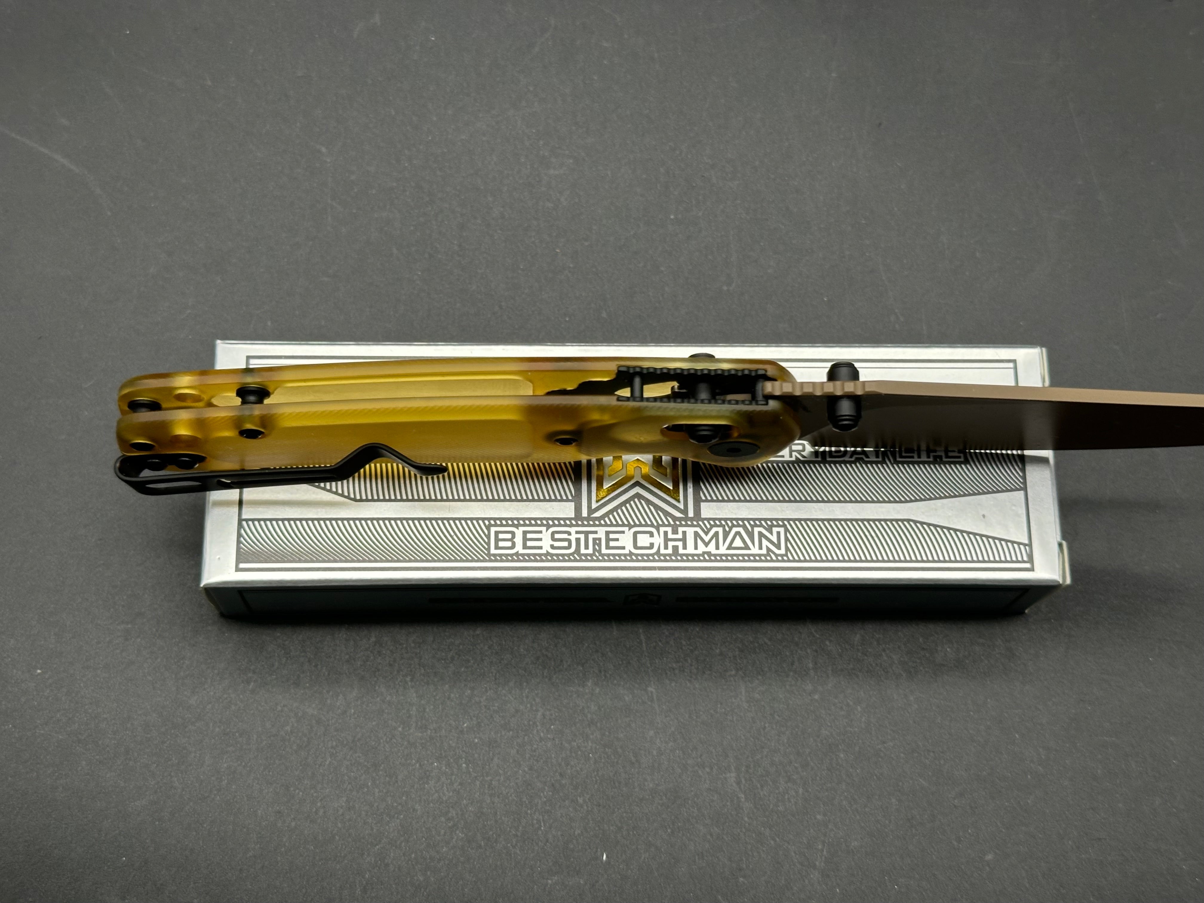 Bestechman Cicada's Wing Crossbar Lock Knife Amber Ultem