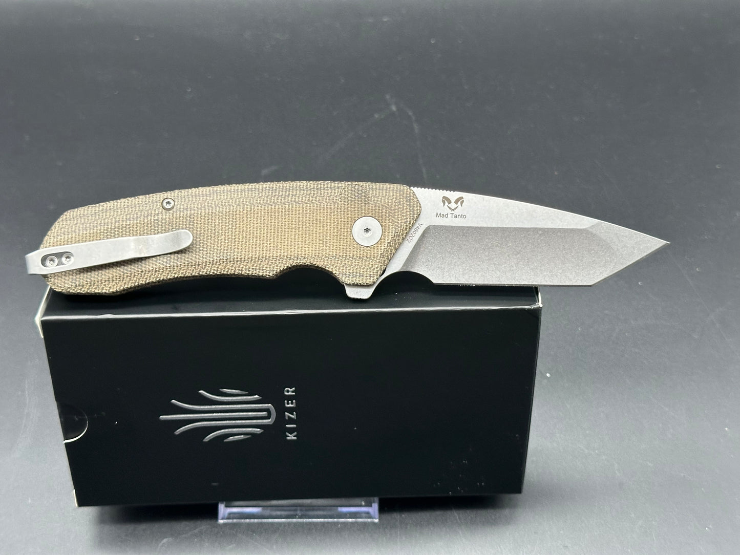 Kizer Mad Tanto Button Lock Knife Green Micarta Handle