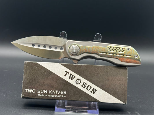 TWOSUN TS440-Gold FOLDING KNIFE GOLD/COLOR TITANIUM HANDLE 14C28N PLAIN EDGE