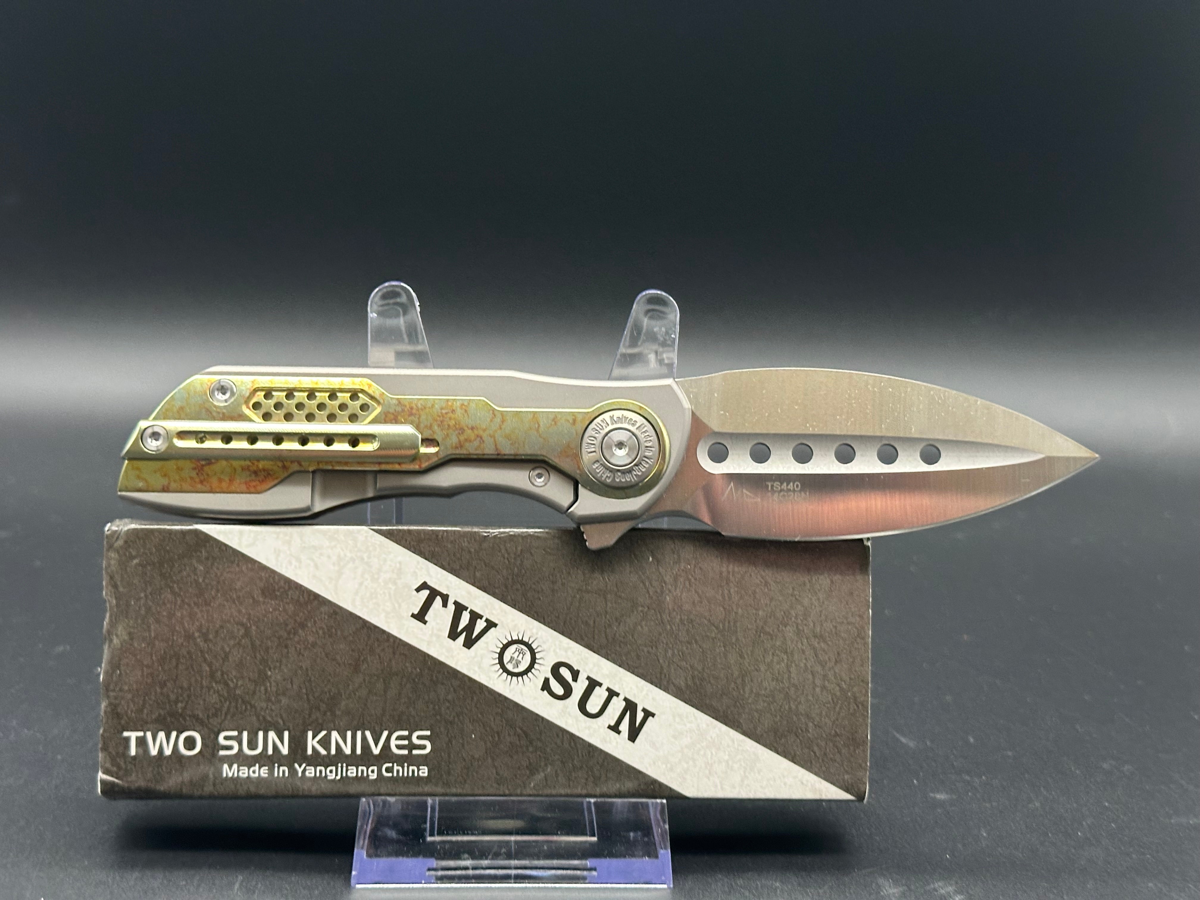 TWOSUN TS440-Gold FOLDING KNIFE GOLD/COLOR TITANIUM HANDLE 14C28N PLAIN EDGE