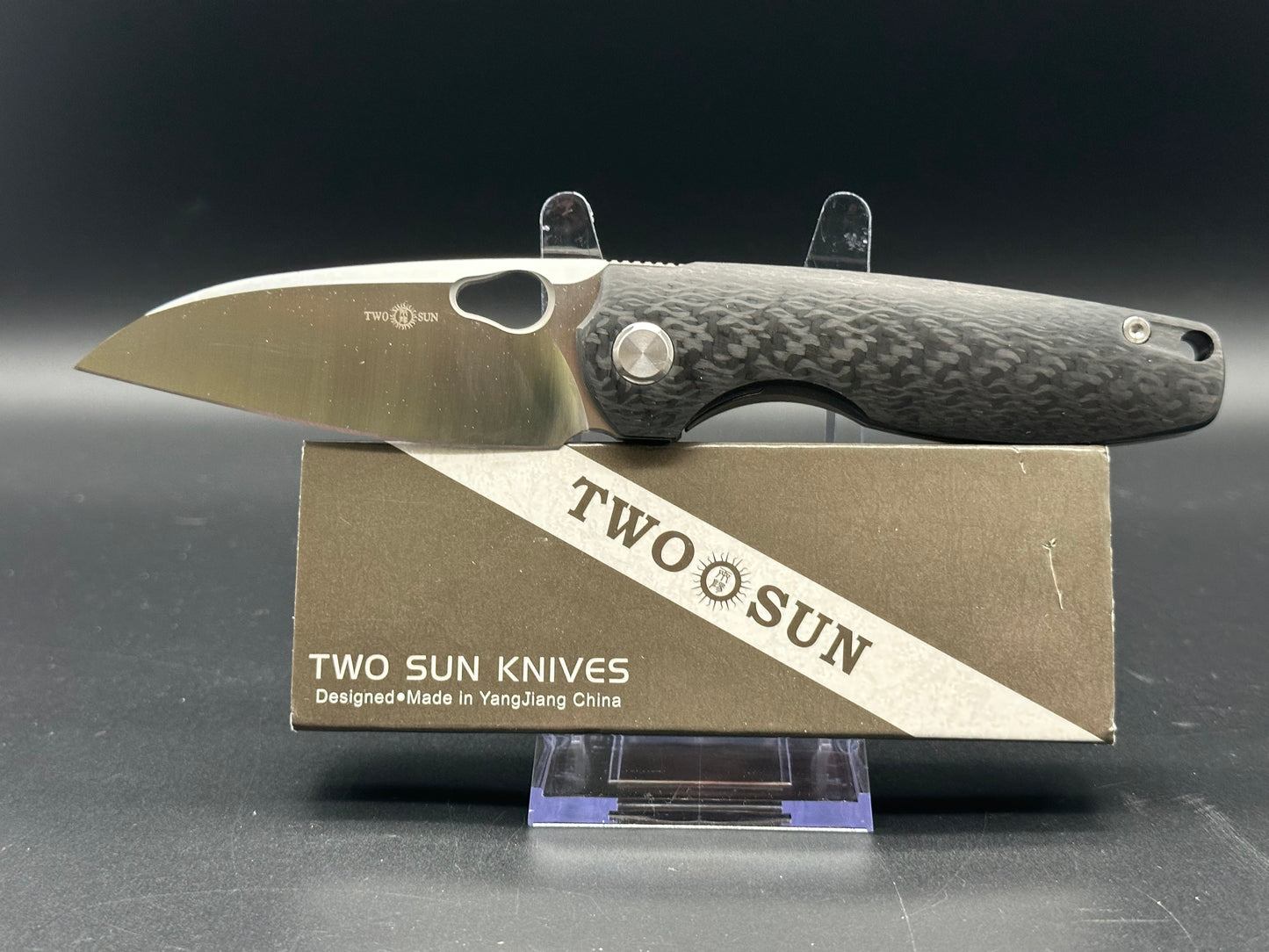 TWOSUN TS129-M390 FRAME LOCK KNIFE TITANIUM + CARBON FIBER HANDLE PLAIN EDGE BLADE M390