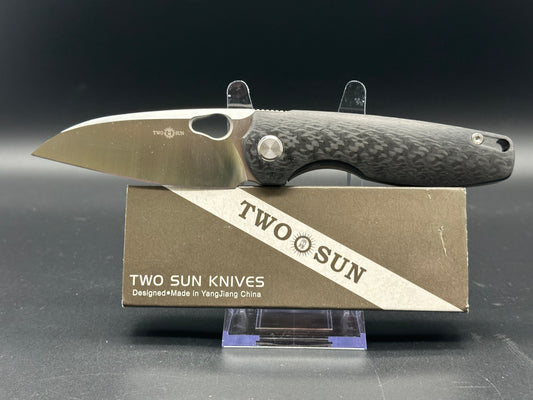 TWOSUN TS129-M390 FRAME LOCK KNIFE TITANIUM + CARBON FIBER HANDLE PLAIN EDGE BLADE M390