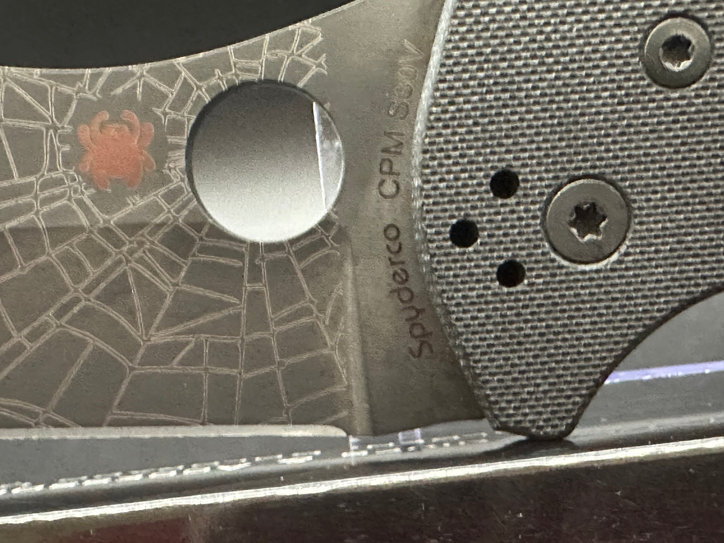 Spyderco Yojimbo 2 Black customized by Lynch NW with laser engraved spider web on blade