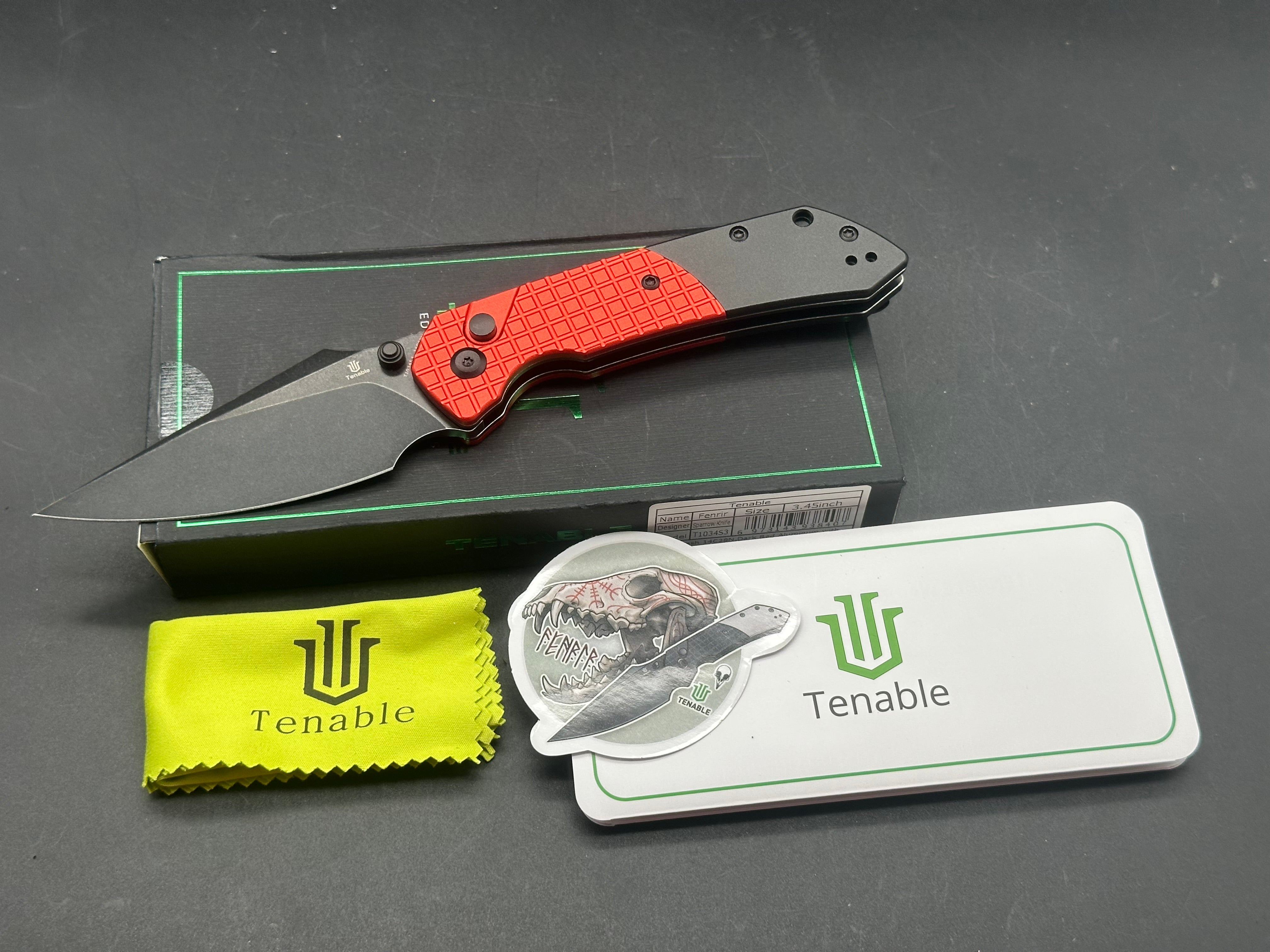 Tenable Button Lock Fenrir Dark Red Aluminum with Frag Pattern & Black Handle