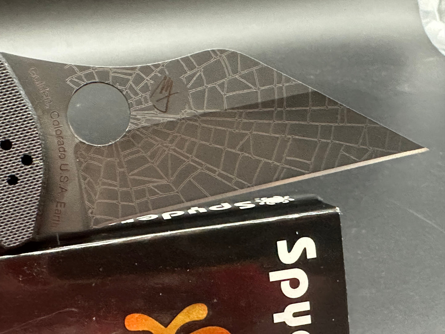 Spyderco Yojimbo 2 Black customized by Lynch NW with laser engraved spider web on blade