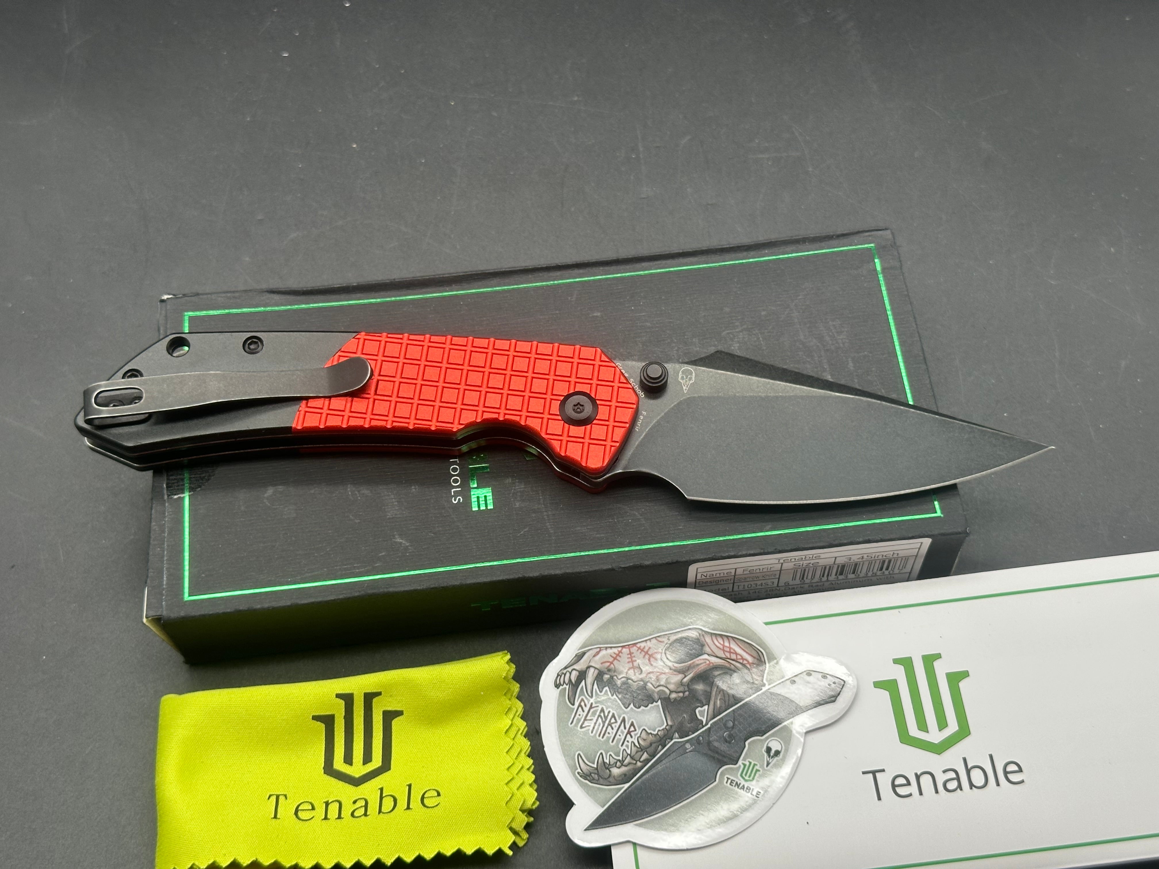 Tenable Button Lock Fenrir Dark Red Aluminum with Frag Pattern & Black Handle