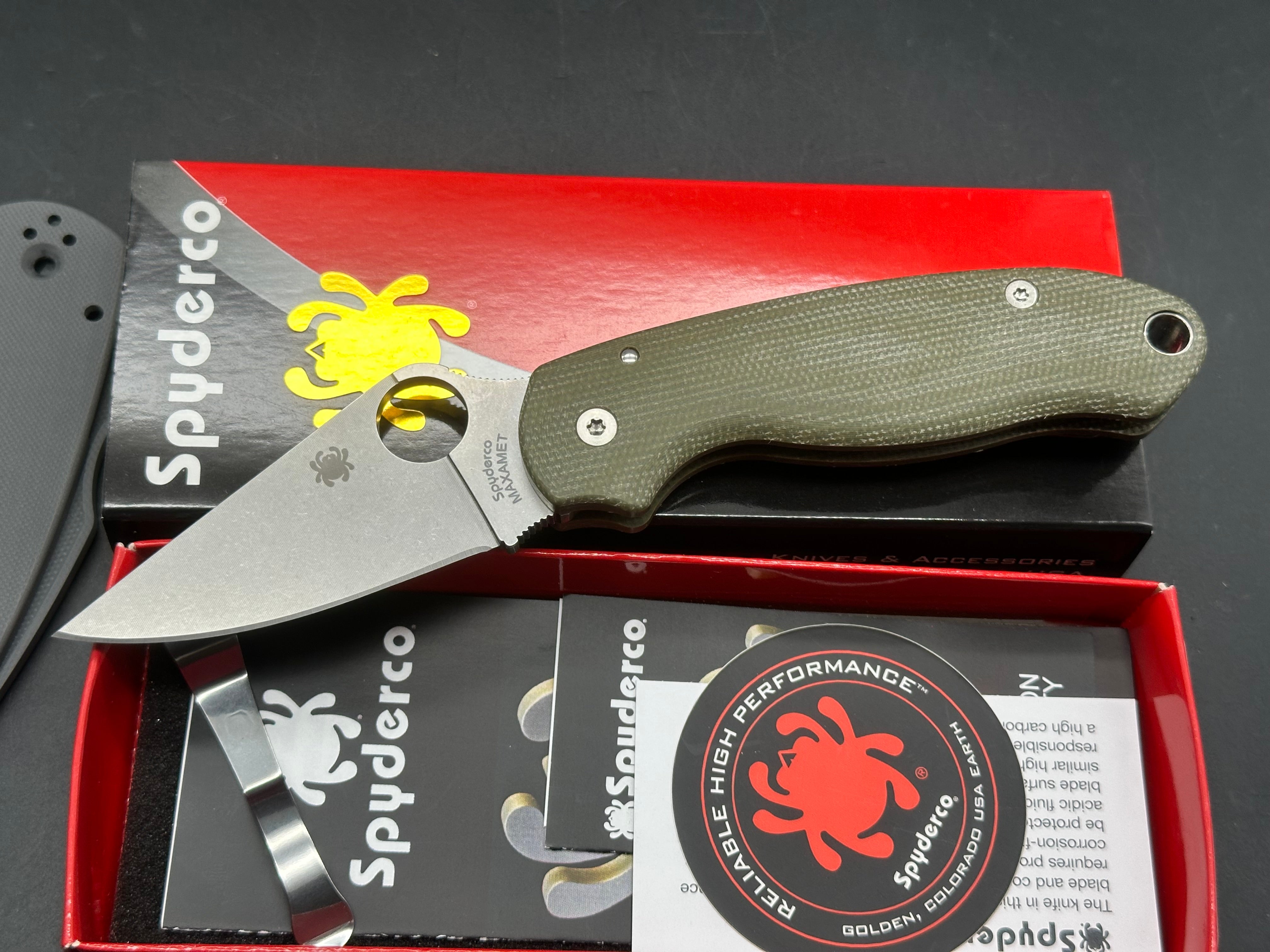 Spyderco Para 3  2.93" Maxamet Stonewash Blade with Contoured Green Micarta Scales