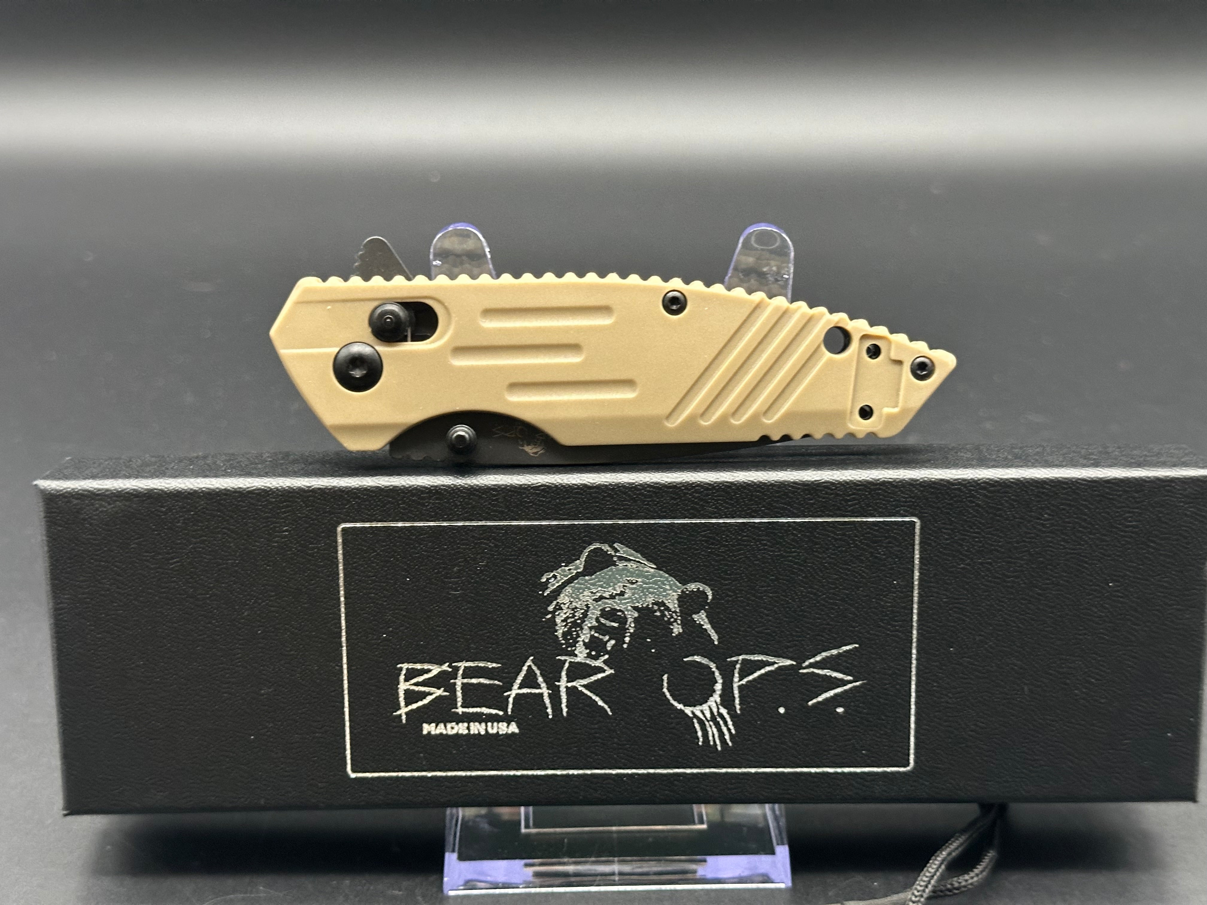 Bear OPS Rancor IX Slide Lock Flipper Knife 2.83" D2 Black Drop Point Blade, Desert Sand Zytel Handles, AXIS/Crossbar Lock - MC-950-DS7-B