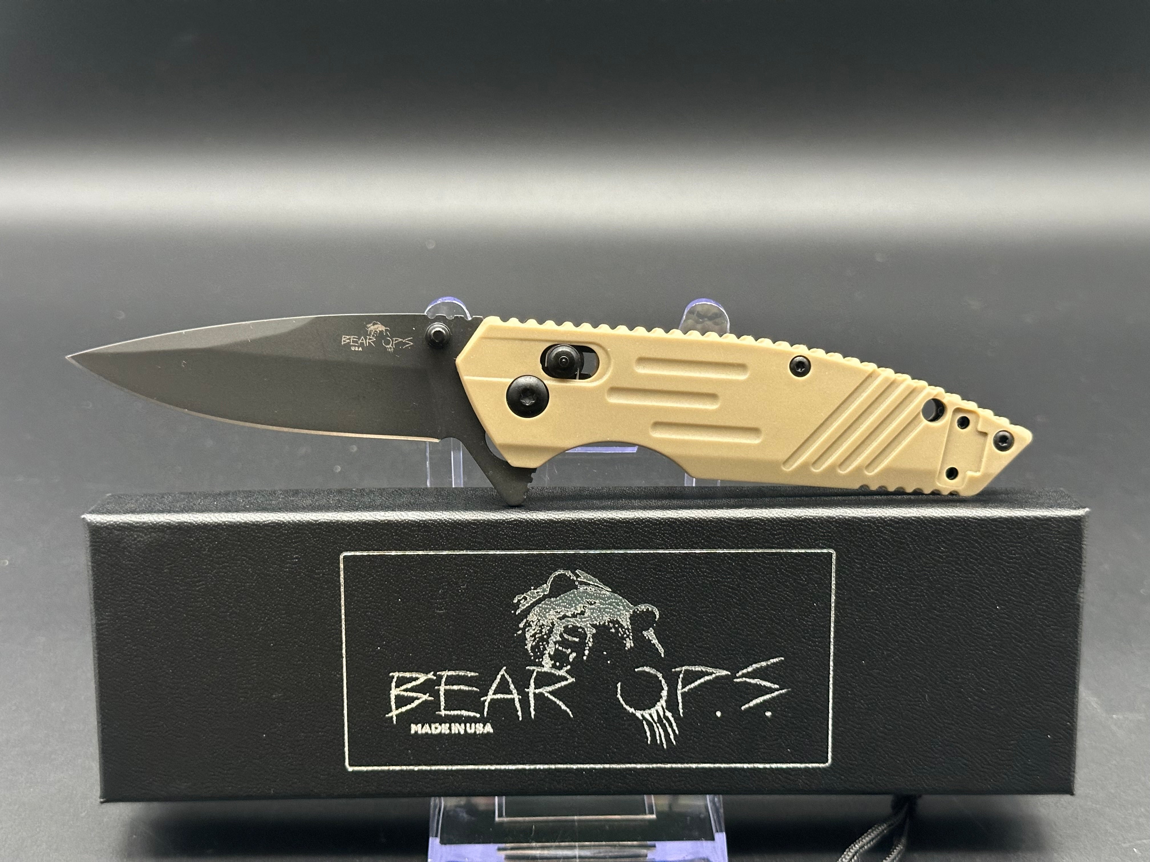 Bear OPS Rancor IX Slide Lock Flipper Knife 2.83" D2 Black Drop Point Blade, Desert Sand Zytel Handles, AXIS/Crossbar Lock - MC-950-DS7-B