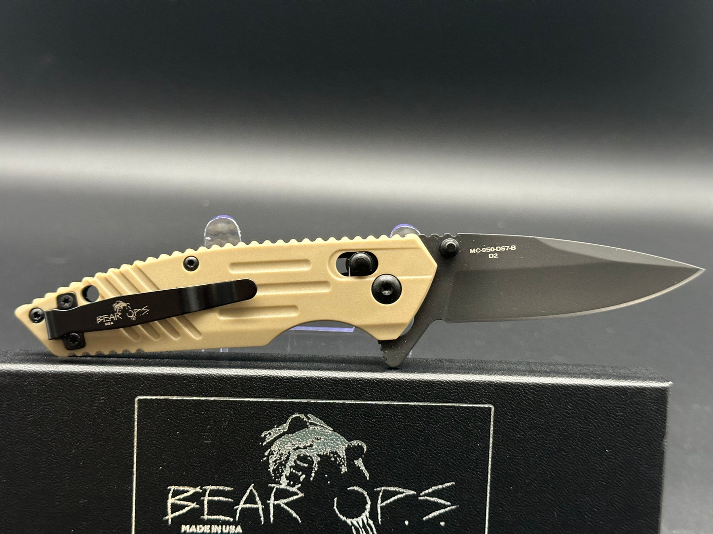 Bear OPS Rancor IX Slide Lock Flipper Knife 2.83" D2 Black Drop Point Blade, Desert Sand Zytel Handles, AXIS/Crossbar Lock - MC-950-DS7-B