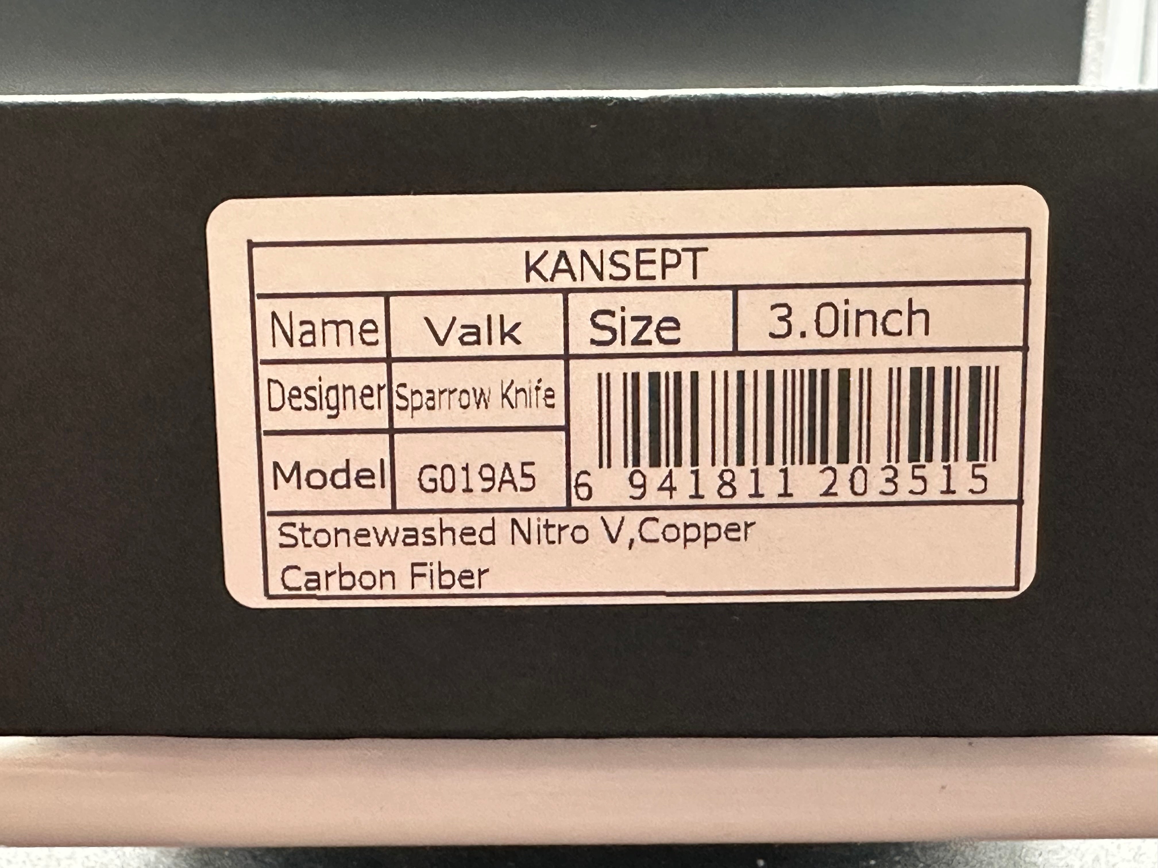 KANSEPT VALK | FIXED BLADE | COPPER CARBON FIBER |3" STONEWASHED NITRO V BLADE | SPARROW KNIFE DESIGN