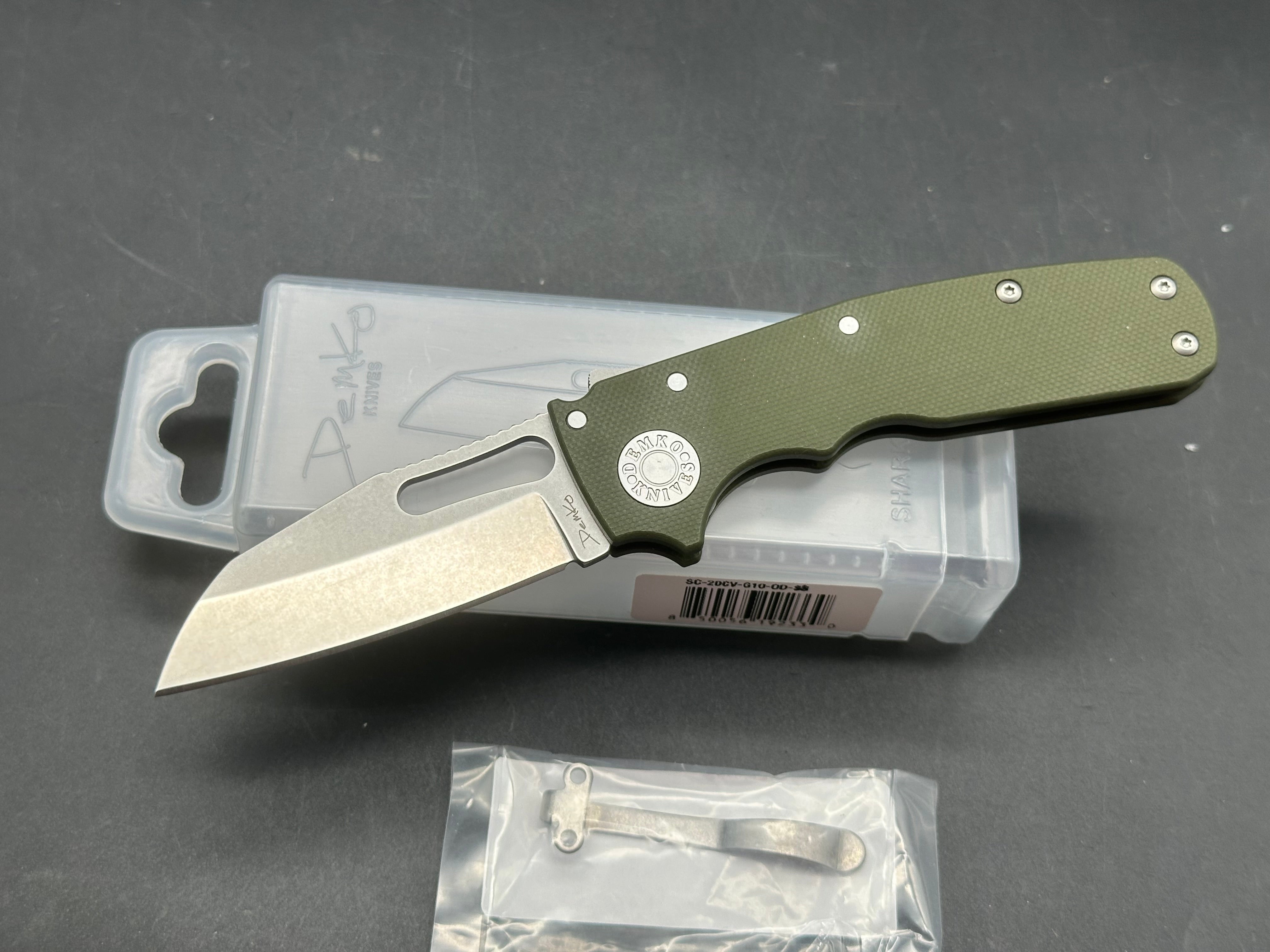 Demko Shark Cub 2.75" CPM 20CV Stonewash Warncliffe Blade with OD Green G10 Scales