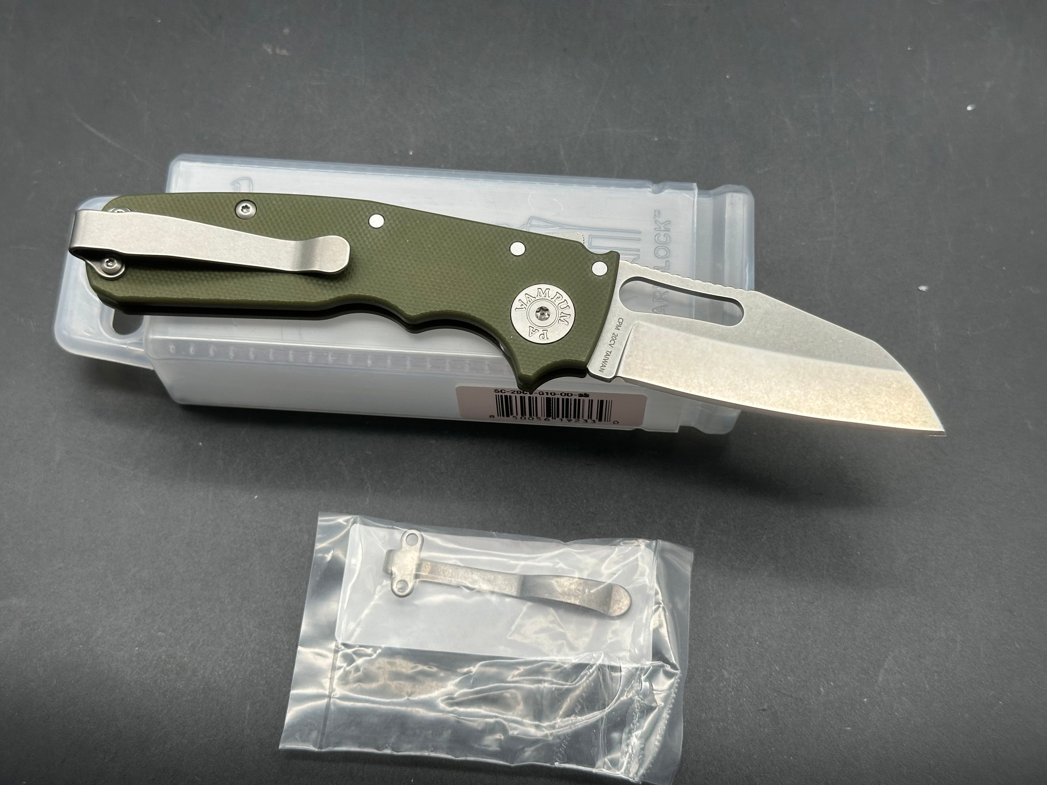 Demko Shark Cub 2.75" CPM 20CV Stonewash Warncliffe Blade with OD Green G10 Scales