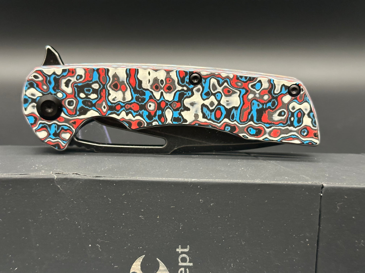 KANSEPT KRYO FOLDING KNIFE RED/BLUE/WHITE NEBULA CARBON FIBER HANDLE S35VN DROP POINT PLAIN EDGE BLACK STONEWASH FINISH K1001M3