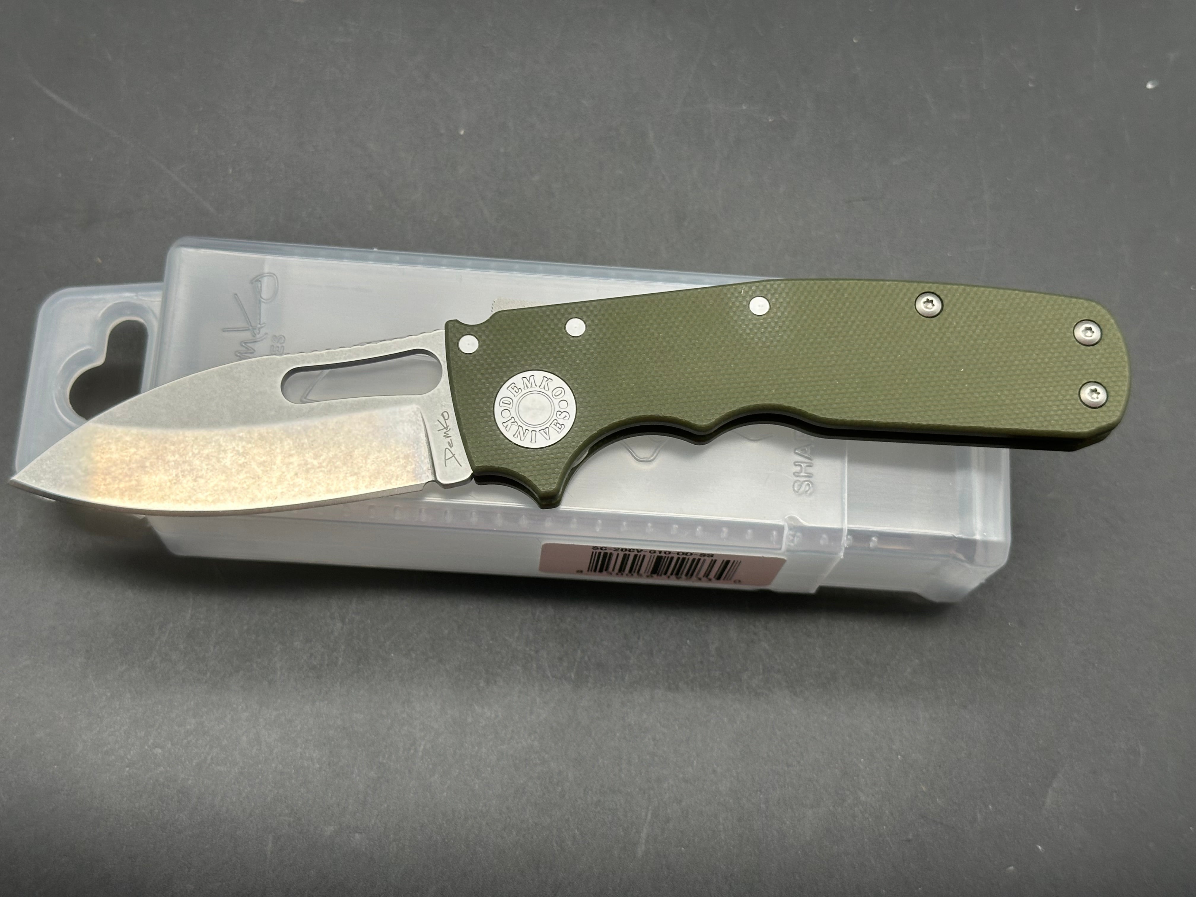 Demko Shark Cub 2.75" CPM 20CV Stonewash Slicer Blade with OD Green G10 Scales